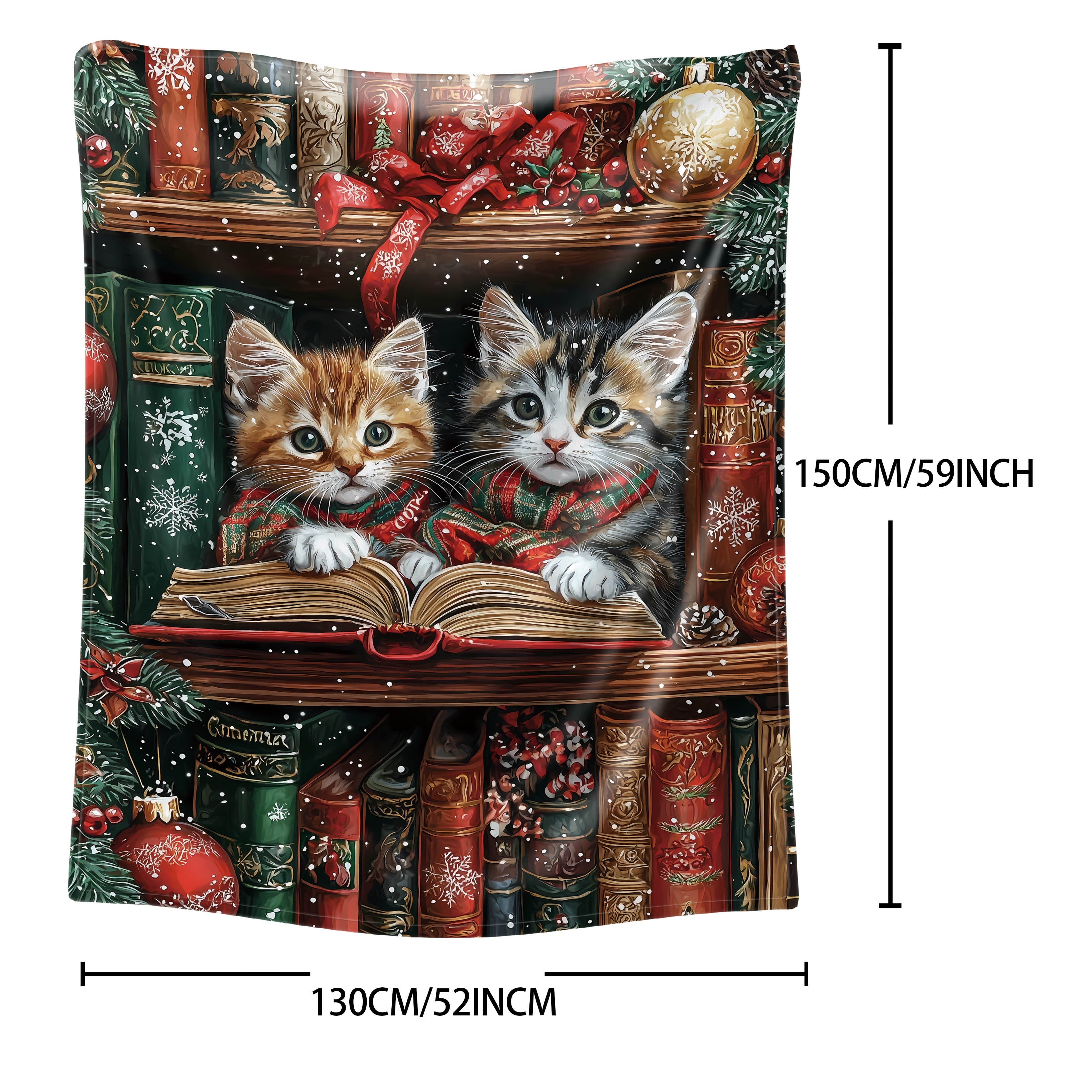 Mid-Century Style Flannel Throw Blanket with Christmas Kittens Reading on Shelf All-Season Soft Knit 200-250g