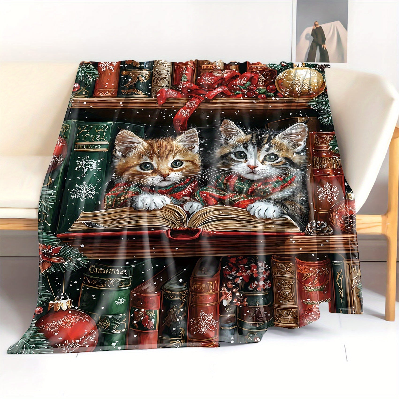 Mid-Century Style Flannel Throw Blanket with Christmas Kittens Reading on Shelf All-Season Soft Knit 200-250g