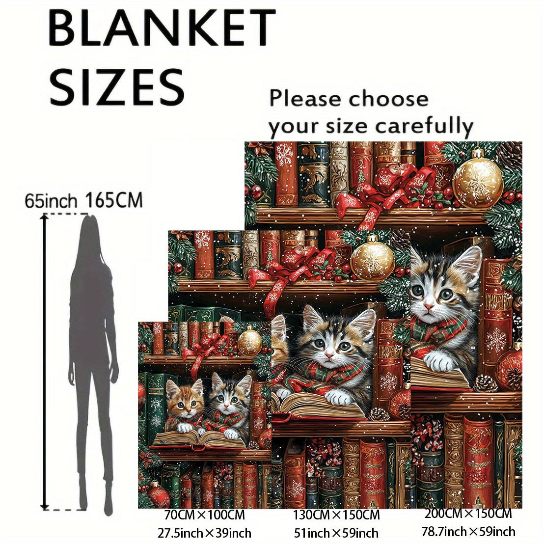 Mid-Century Style Flannel Throw Blanket with Christmas Kittens Reading on Shelf All-Season Soft Knit 200-250g