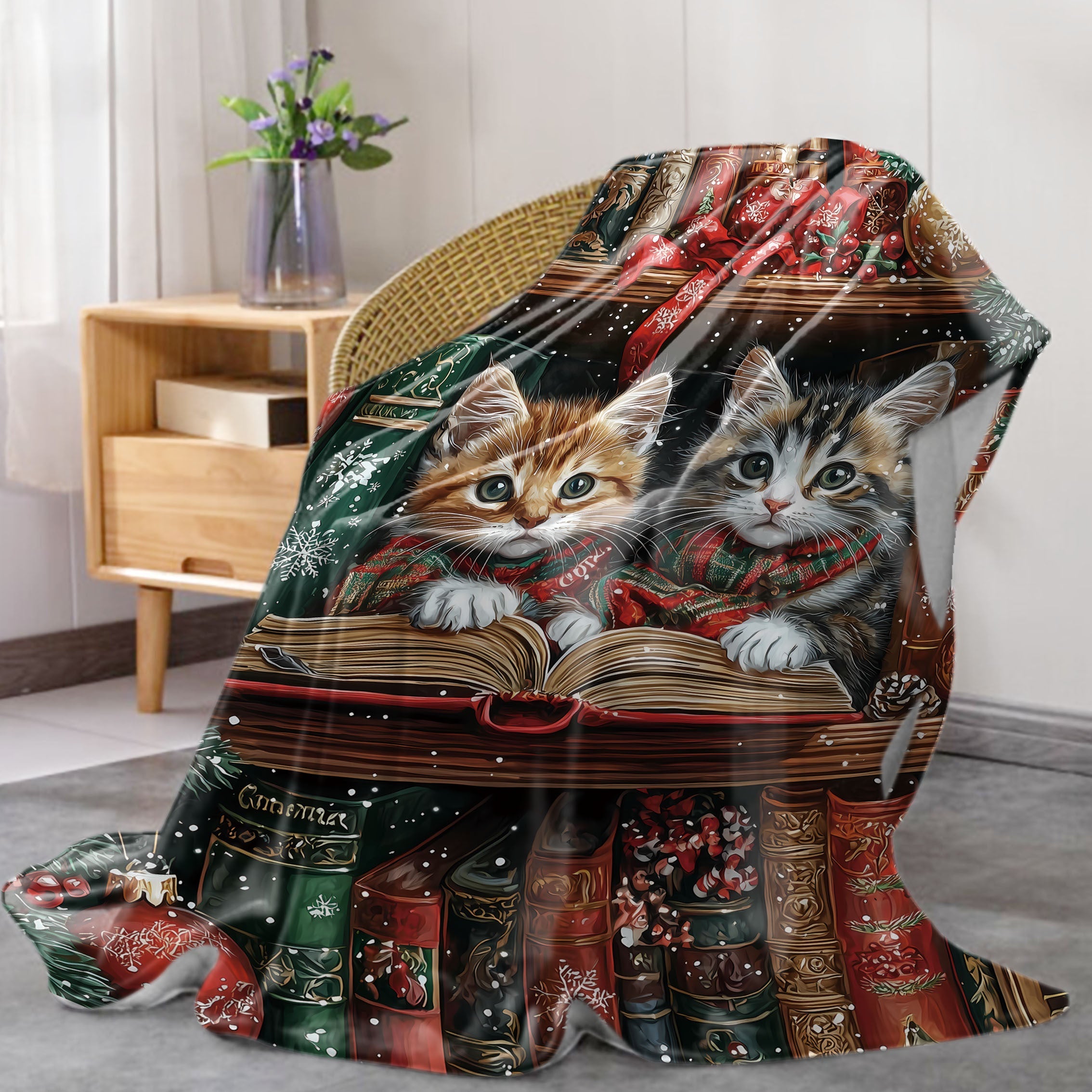 Mid-Century Style Flannel Throw Blanket with Christmas Kittens Reading on Shelf All-Season Soft Knit 200-250g