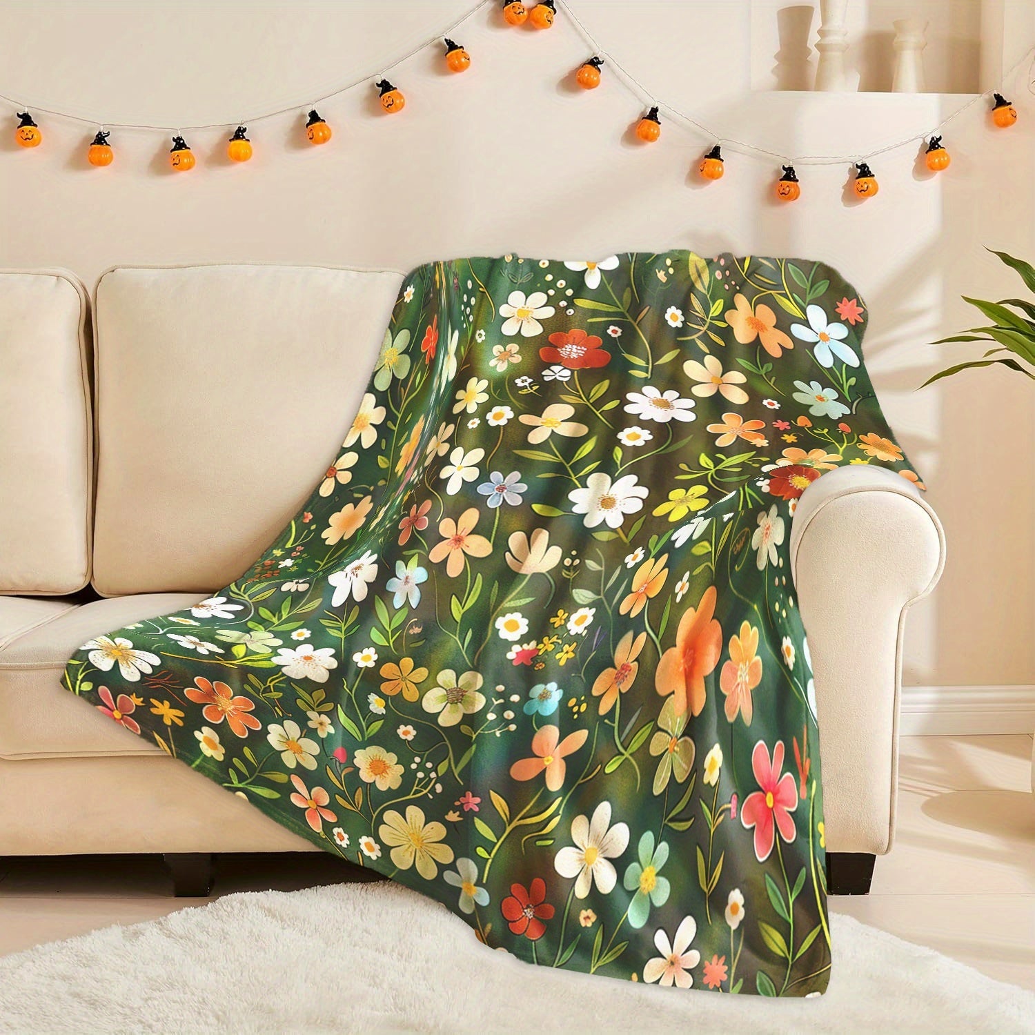 Floral Print Blanket Made from Soft Knitted Polyester Fleece for All-Season Use