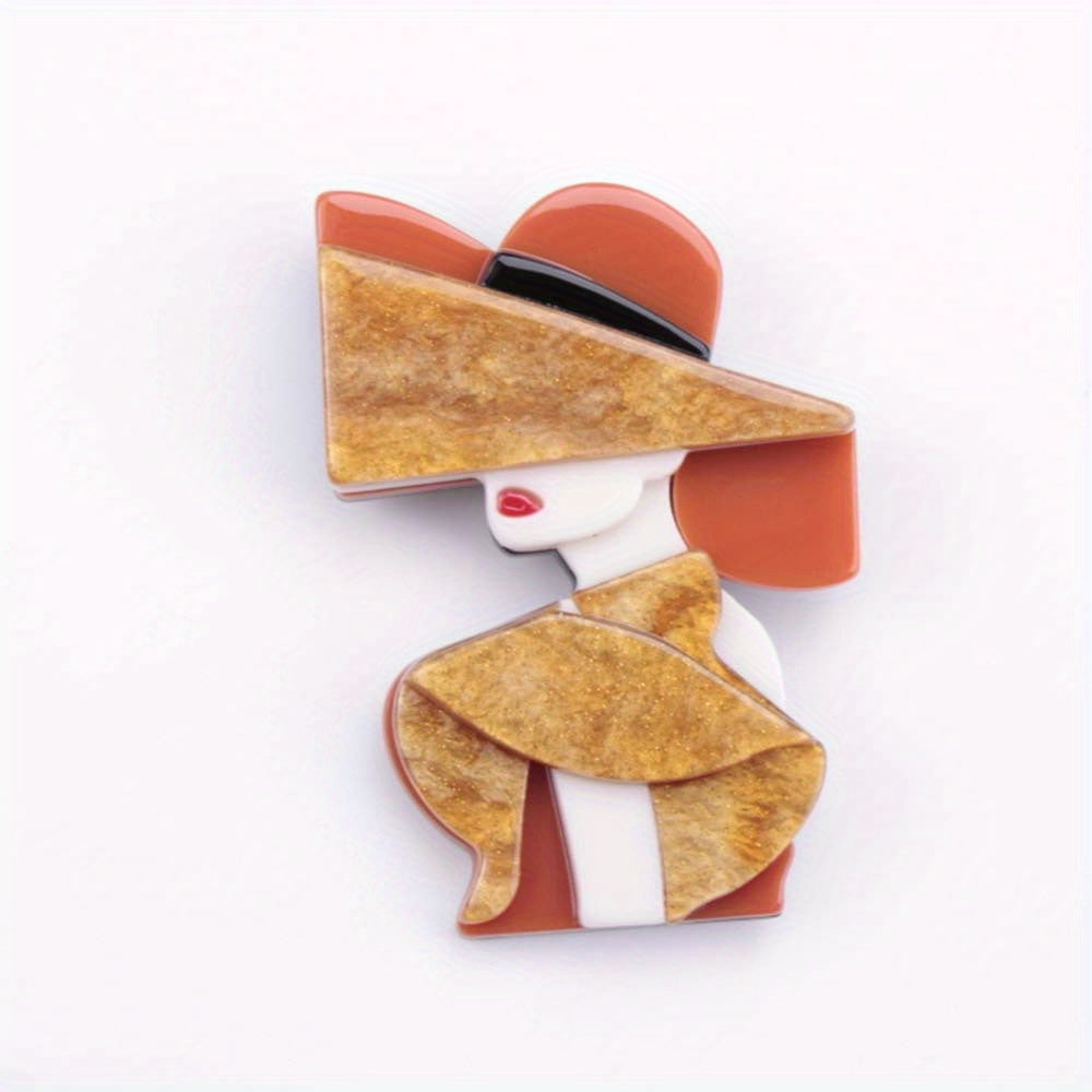 Modaga mos aksessuarlar uchun ko'p rangli zamonaviy shlyapa kiygan qiz bilan aks ettirilgan akril brosh pin