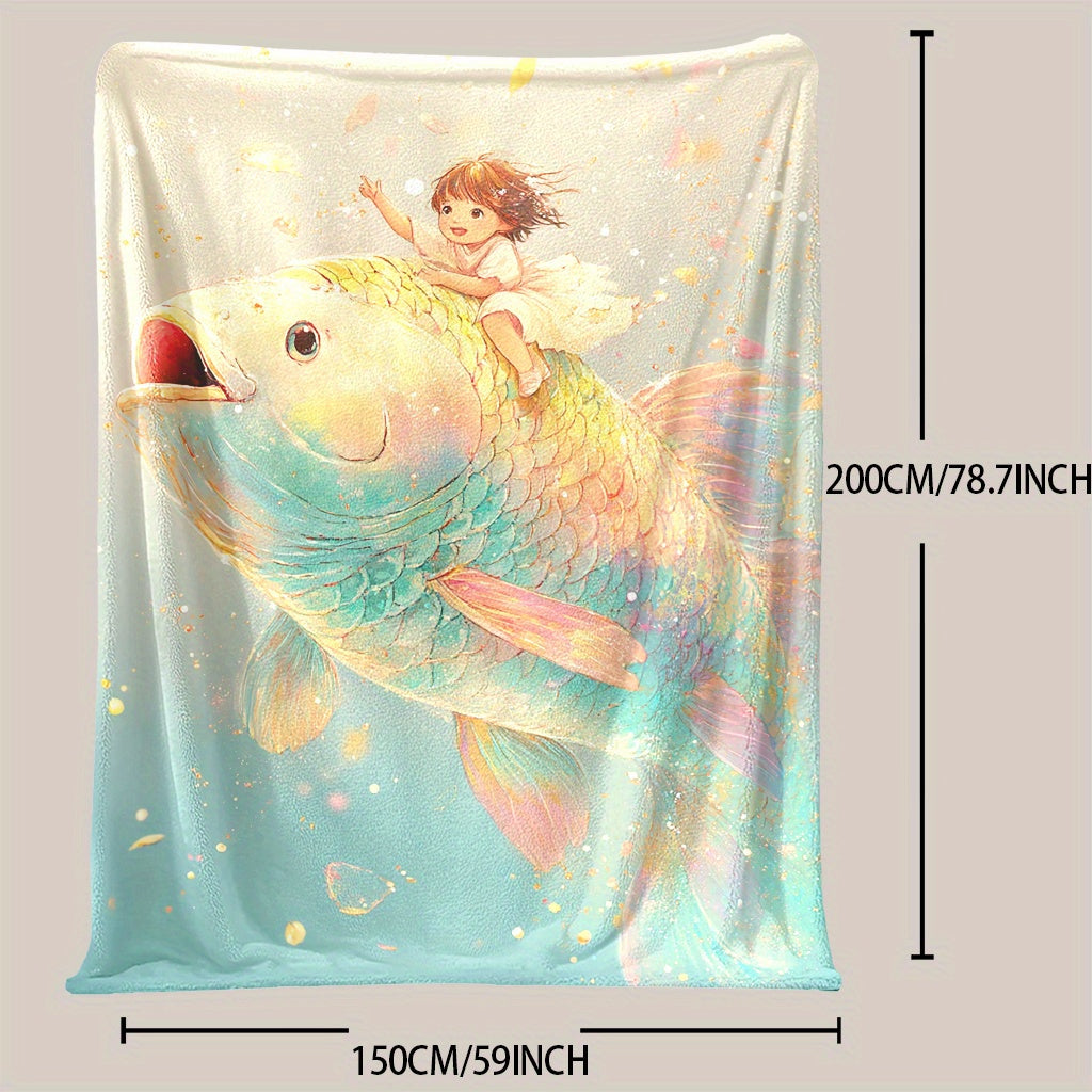 Fantasy Themed Fleece Blanket with Digital Print Enchanted Girl and Goldfish Soft Warm All-Season