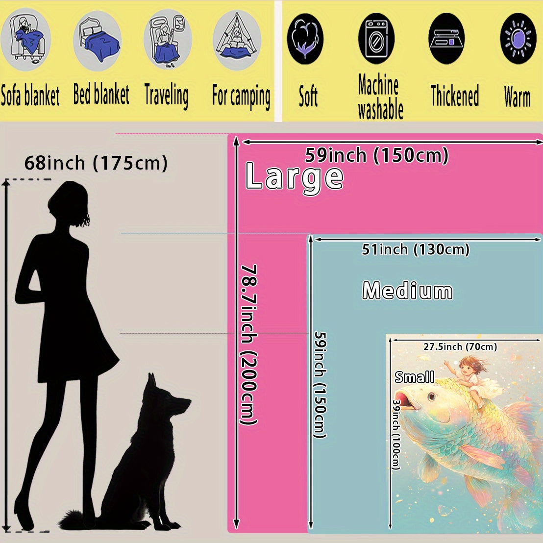 Fantasy Themed Fleece Blanket with Digital Print Enchanted Girl and Goldfish Soft Warm All-Season