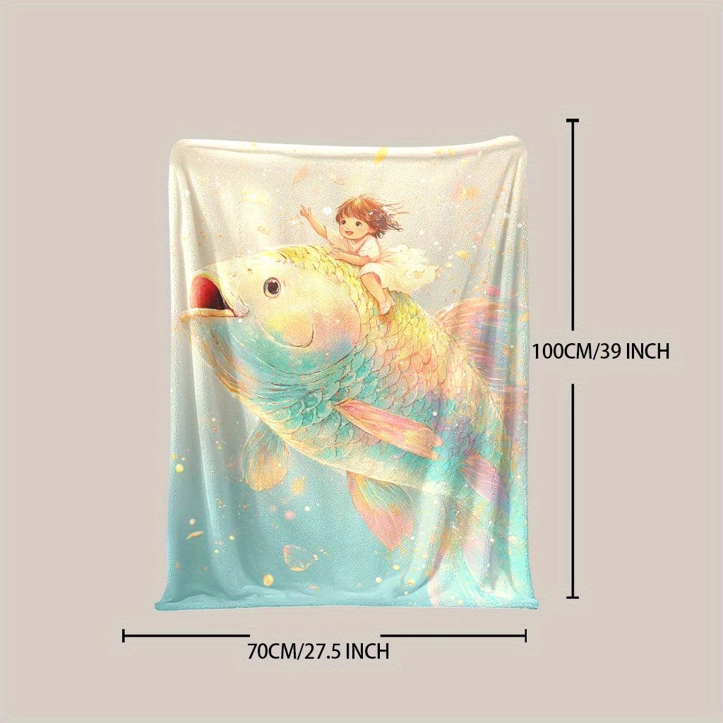 Fantasy Themed Fleece Blanket with Digital Print Enchanted Girl and Goldfish Soft Warm All-Season