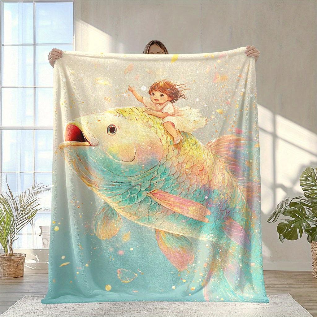 Fantasy Themed Fleece Blanket with Digital Print Enchanted Girl and Goldfish Soft Warm All-Season