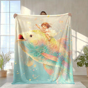 Fantasy Themed Fleece Blanket with Digital Print Enchanted Girl and Goldfish Soft Warm All-Season