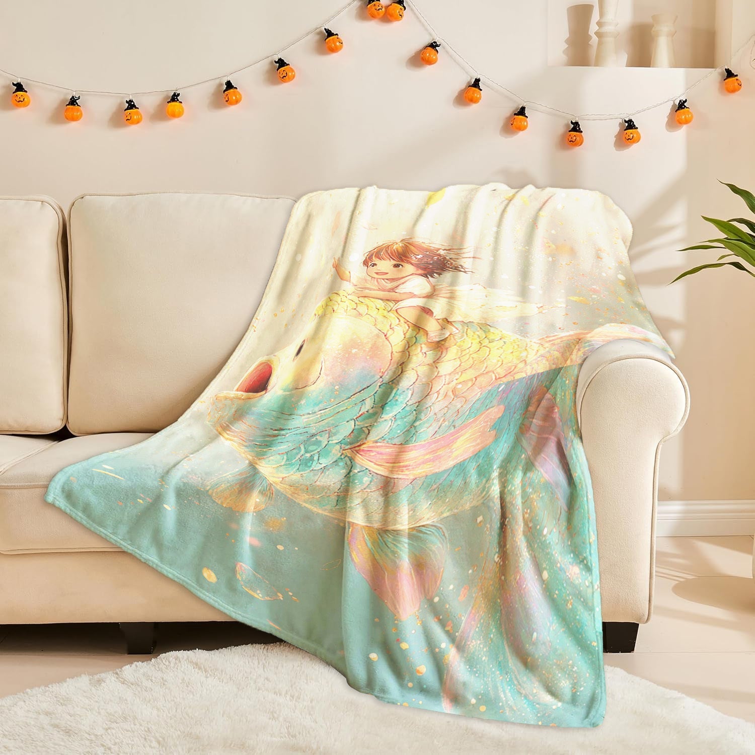 Fantasy Themed Fleece Blanket with Digital Print Enchanted Girl and Goldfish Soft Warm All-Season