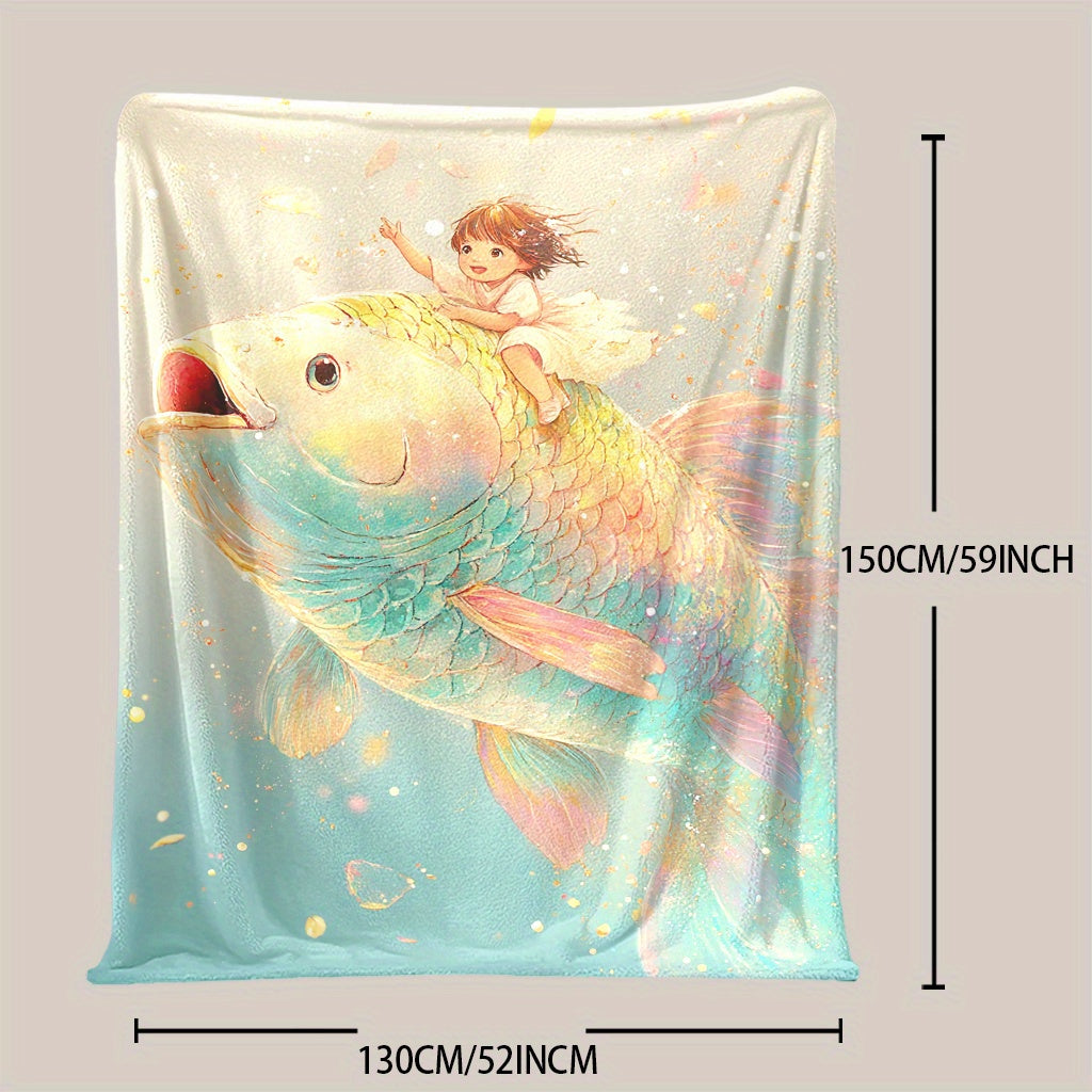 Fantasy Themed Fleece Blanket with Digital Print Enchanted Girl and Goldfish Soft Warm All-Season