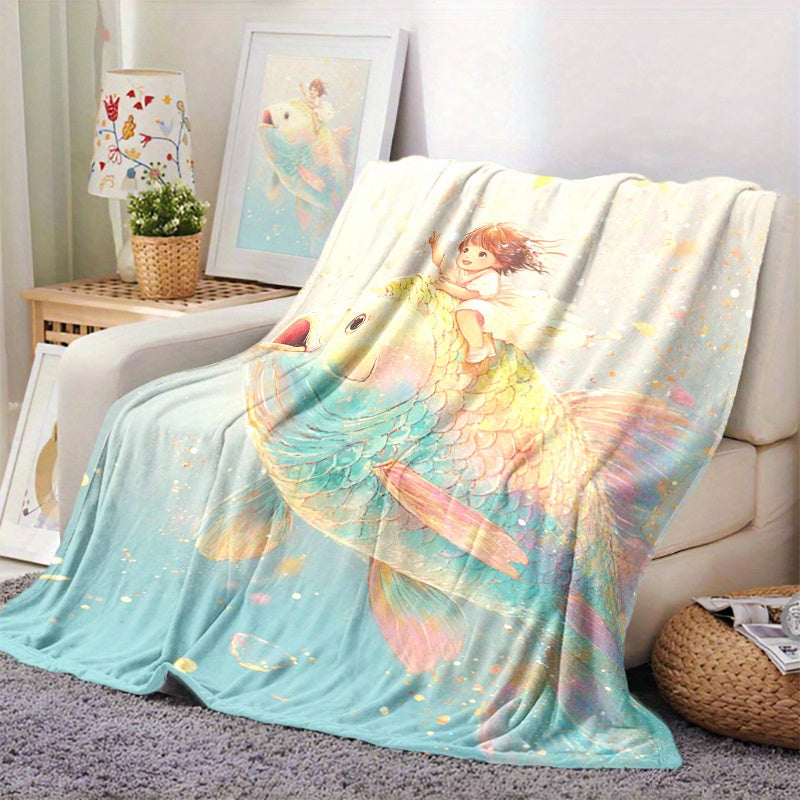 Fantasy Themed Fleece Blanket with Digital Print Enchanted Girl and Goldfish Soft Warm All-Season