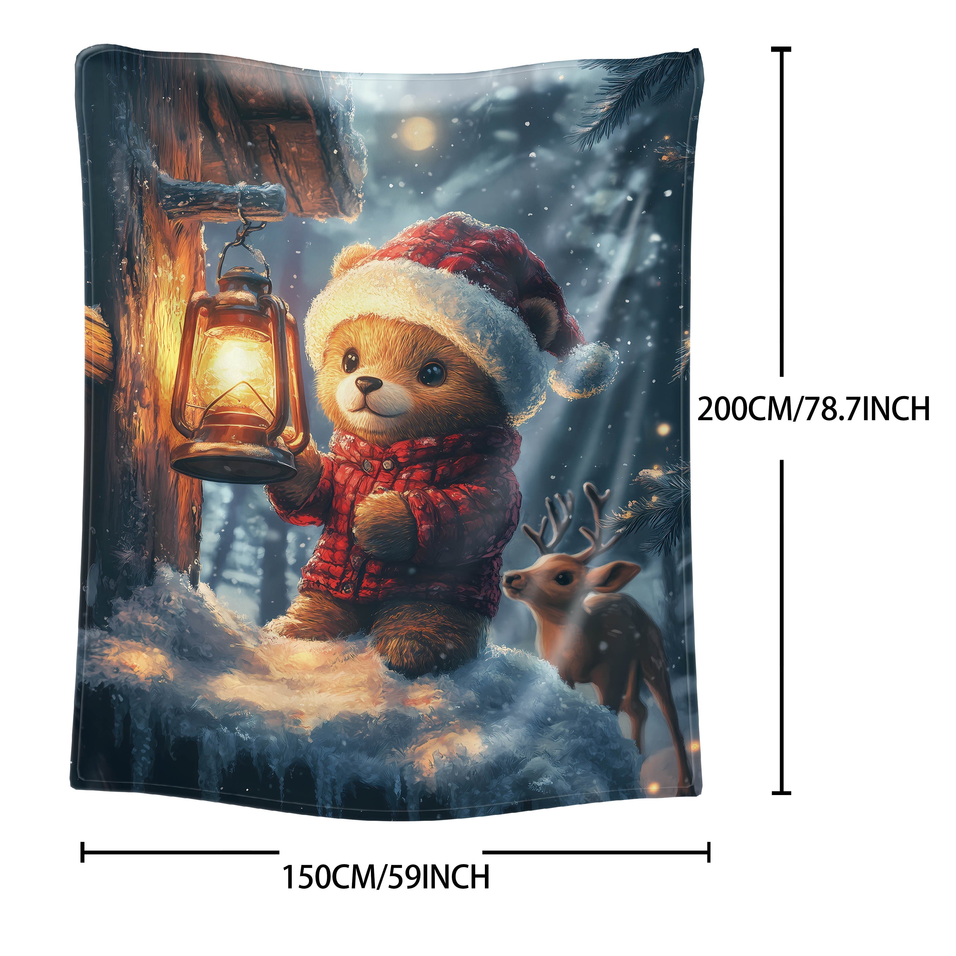 Christmas Teddy Bear and Deer Print Flannel Blanket Soft Cozy Throw for Bed Sofa Office Camping