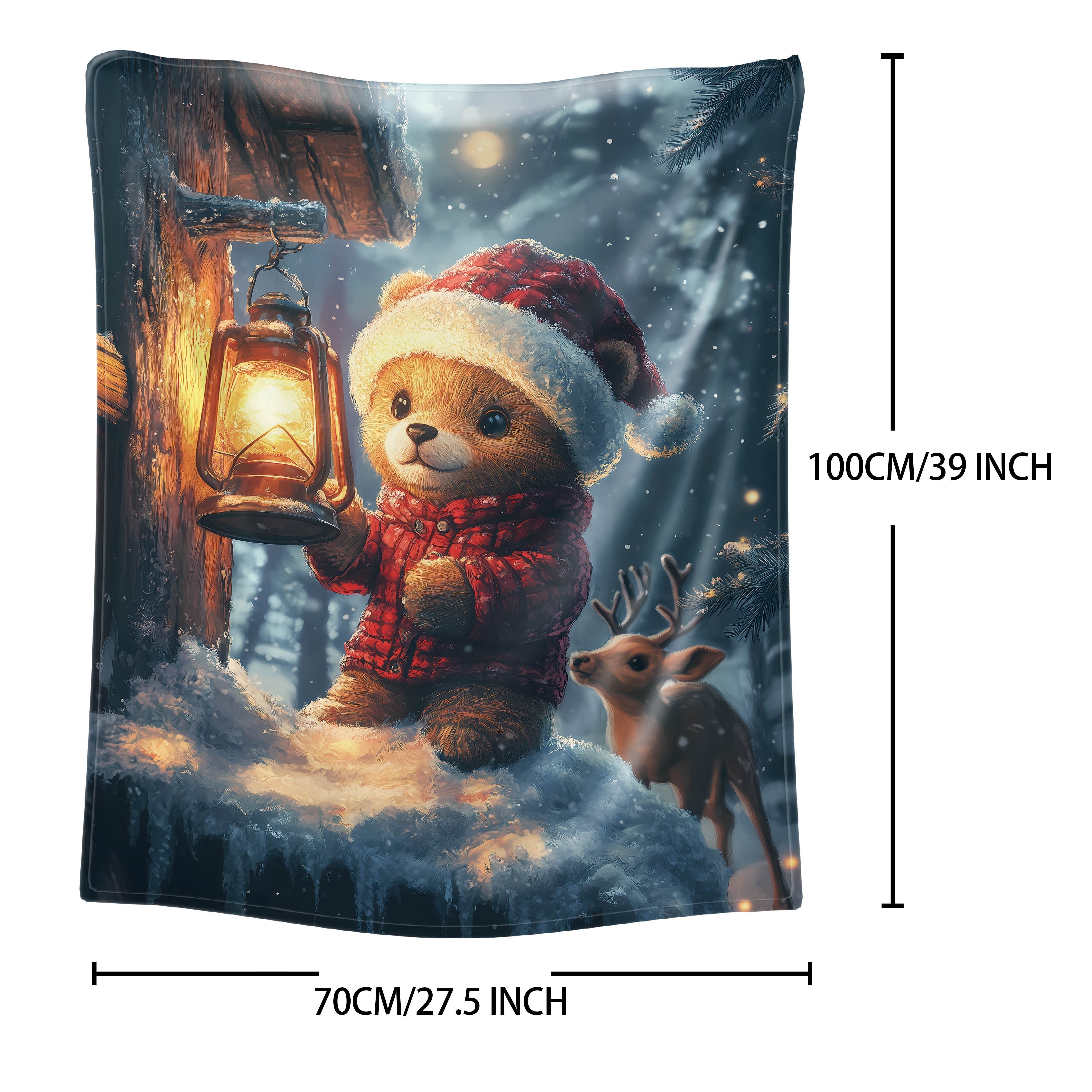 Christmas Teddy Bear and Deer Print Flannel Blanket Soft Cozy Throw for Bed Sofa Office Camping