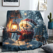 Christmas Teddy Bear and Deer Print Flannel Blanket Soft Cozy Throw for Bed Sofa Office Camping