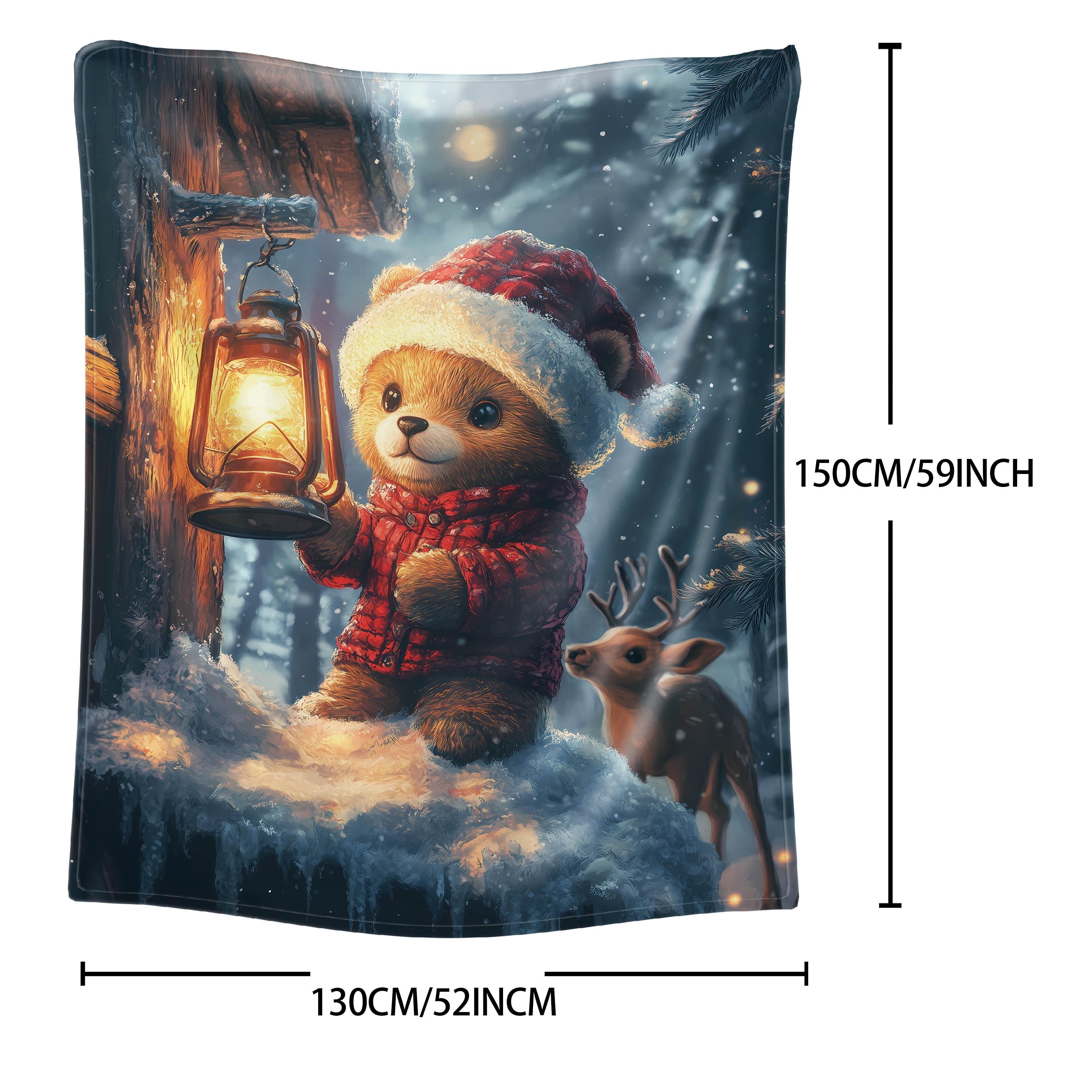 Christmas Teddy Bear and Deer Print Flannel Blanket Soft Cozy Throw for Bed Sofa Office Camping