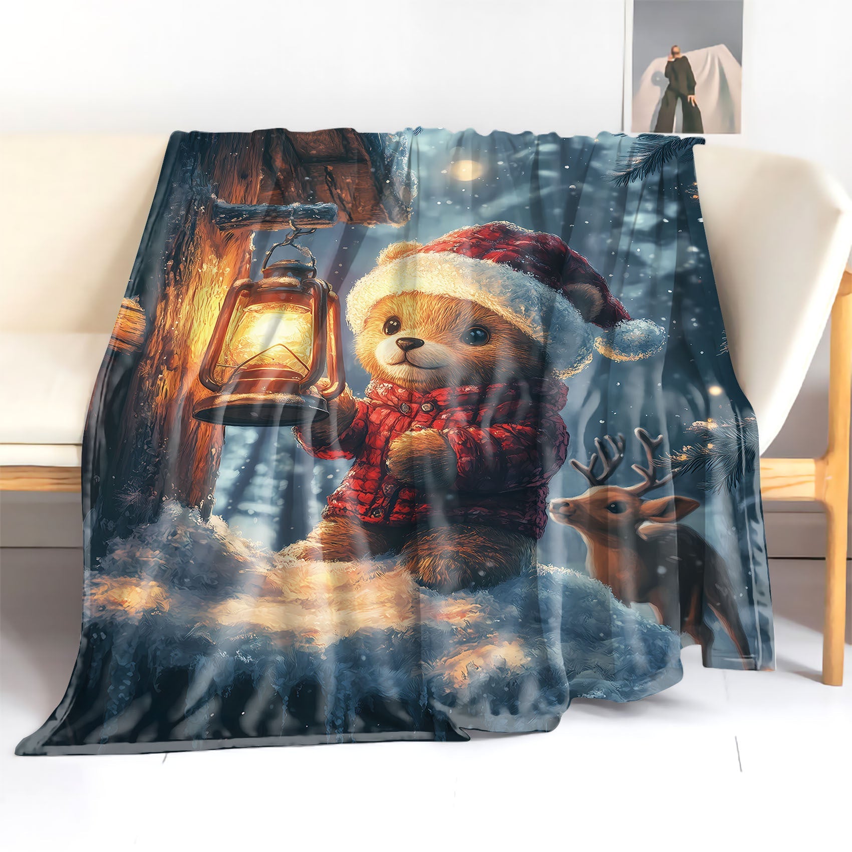 Christmas Teddy Bear and Deer Print Flannel Blanket Soft Cozy Throw for Bed Sofa Office Camping