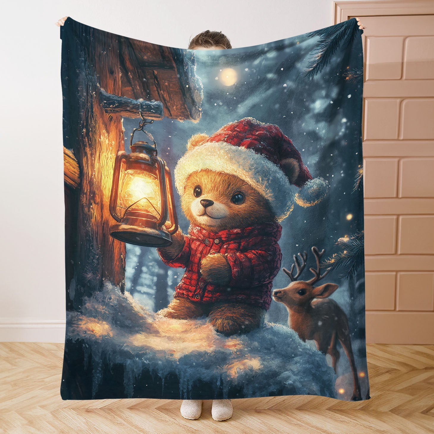 Christmas Teddy Bear and Deer Print Flannel Blanket Soft Cozy Throw for Bed Sofa Office Camping