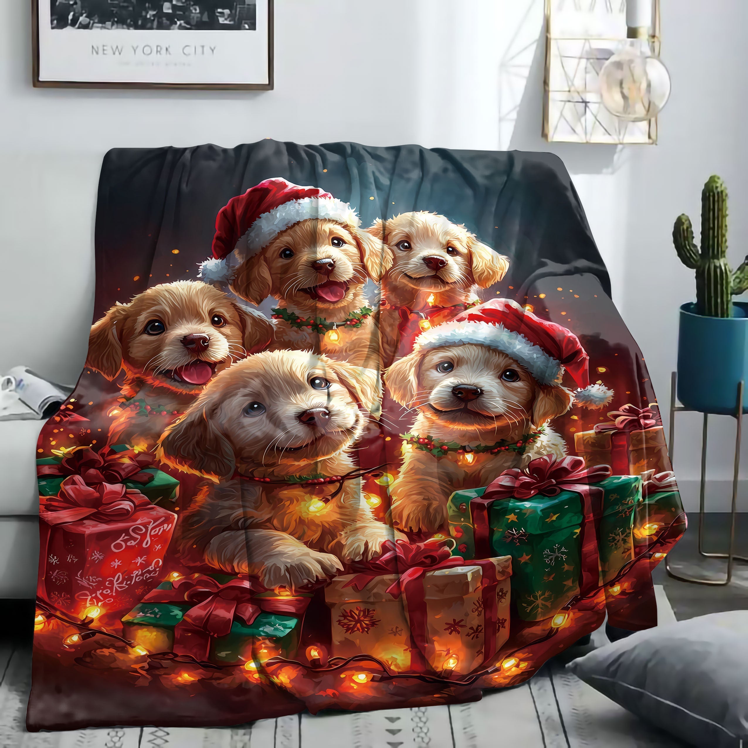 Christmas Puppy Flannel Throw Blanket with Santa Hats and Lights 50x60 Inches