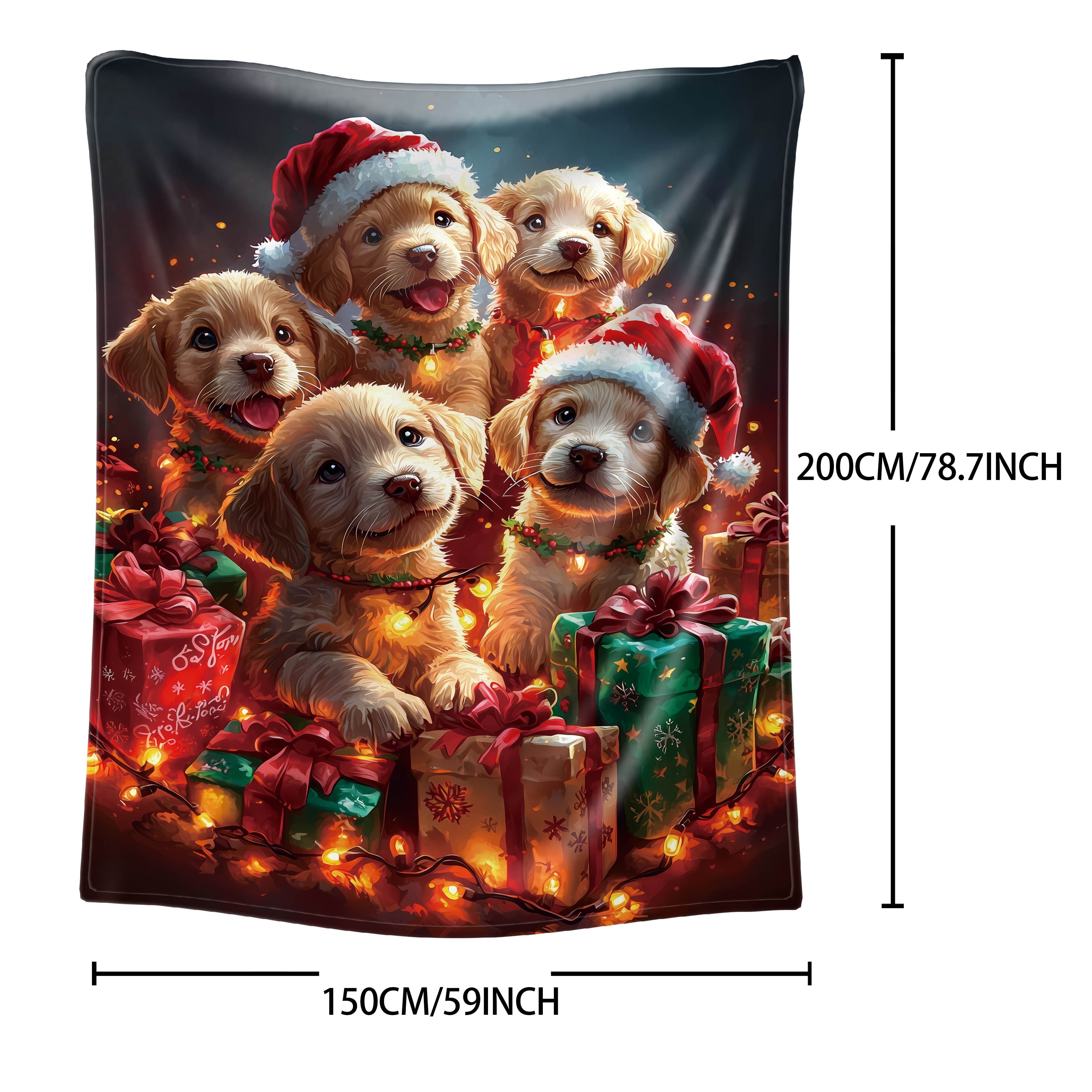 Christmas Puppy Flannel Throw Blanket with Santa Hats and Lights 50x60 Inches