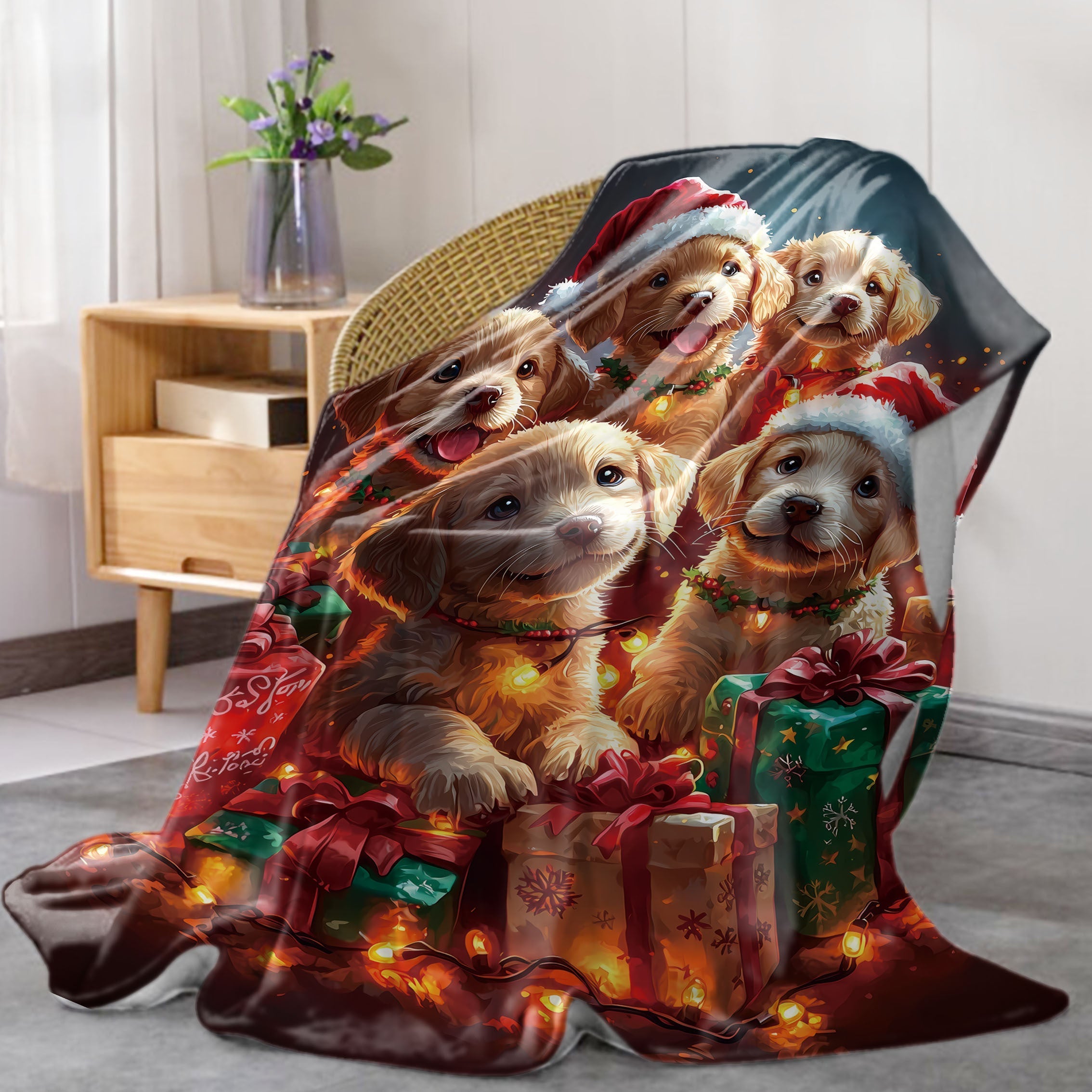 Christmas Puppy Flannel Throw Blanket with Santa Hats and Lights 50x60 Inches