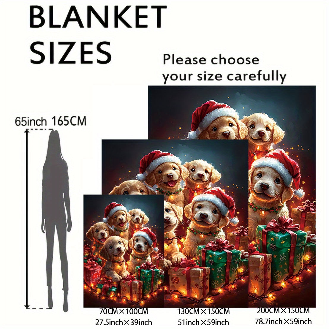 Christmas Puppy Flannel Throw Blanket with Santa Hats and Lights 50x60 Inches