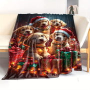 Christmas Puppy Flannel Throw Blanket with Santa Hats and Lights 50x60 Inches