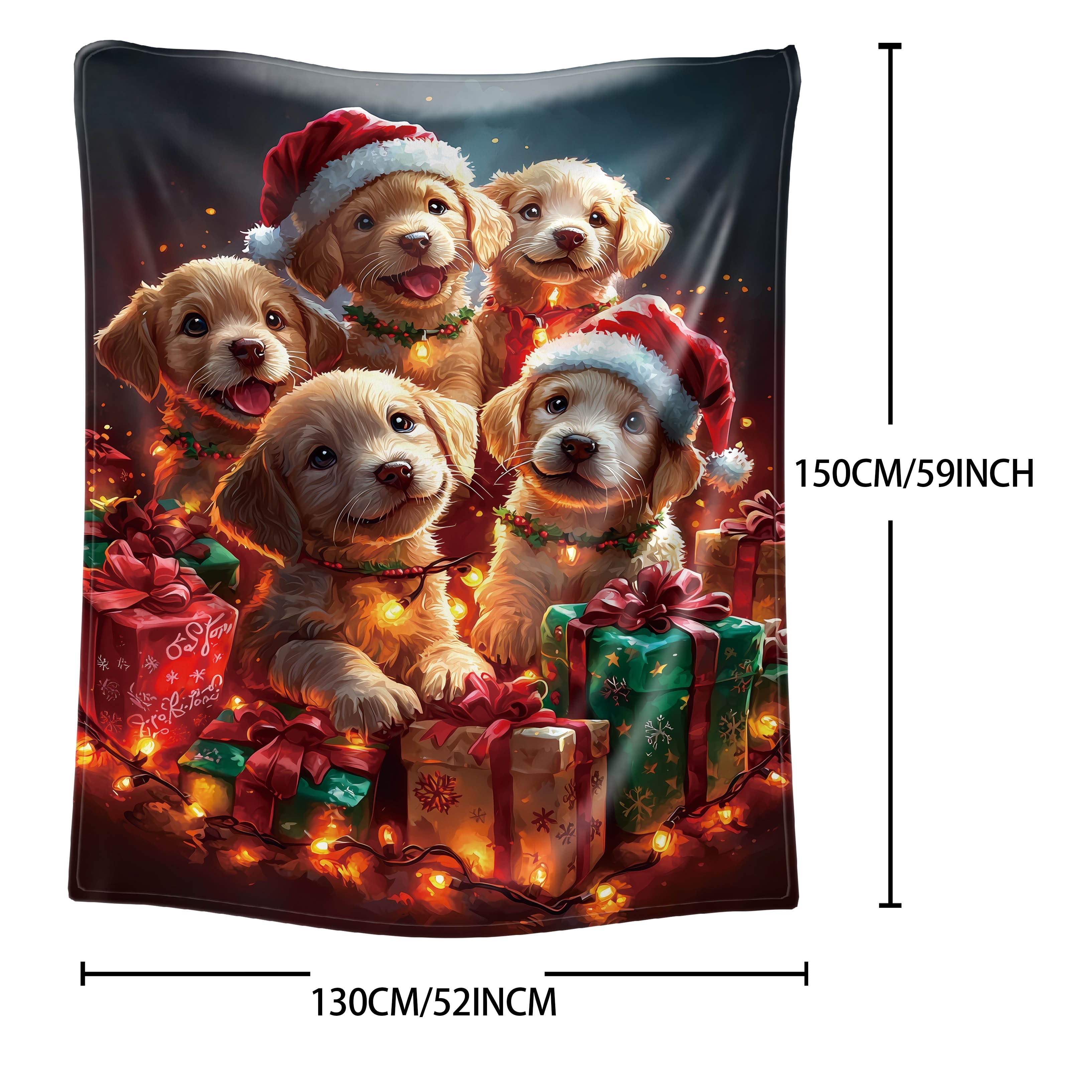 Christmas Puppy Flannel Throw Blanket with Santa Hats and Lights 50x60 Inches