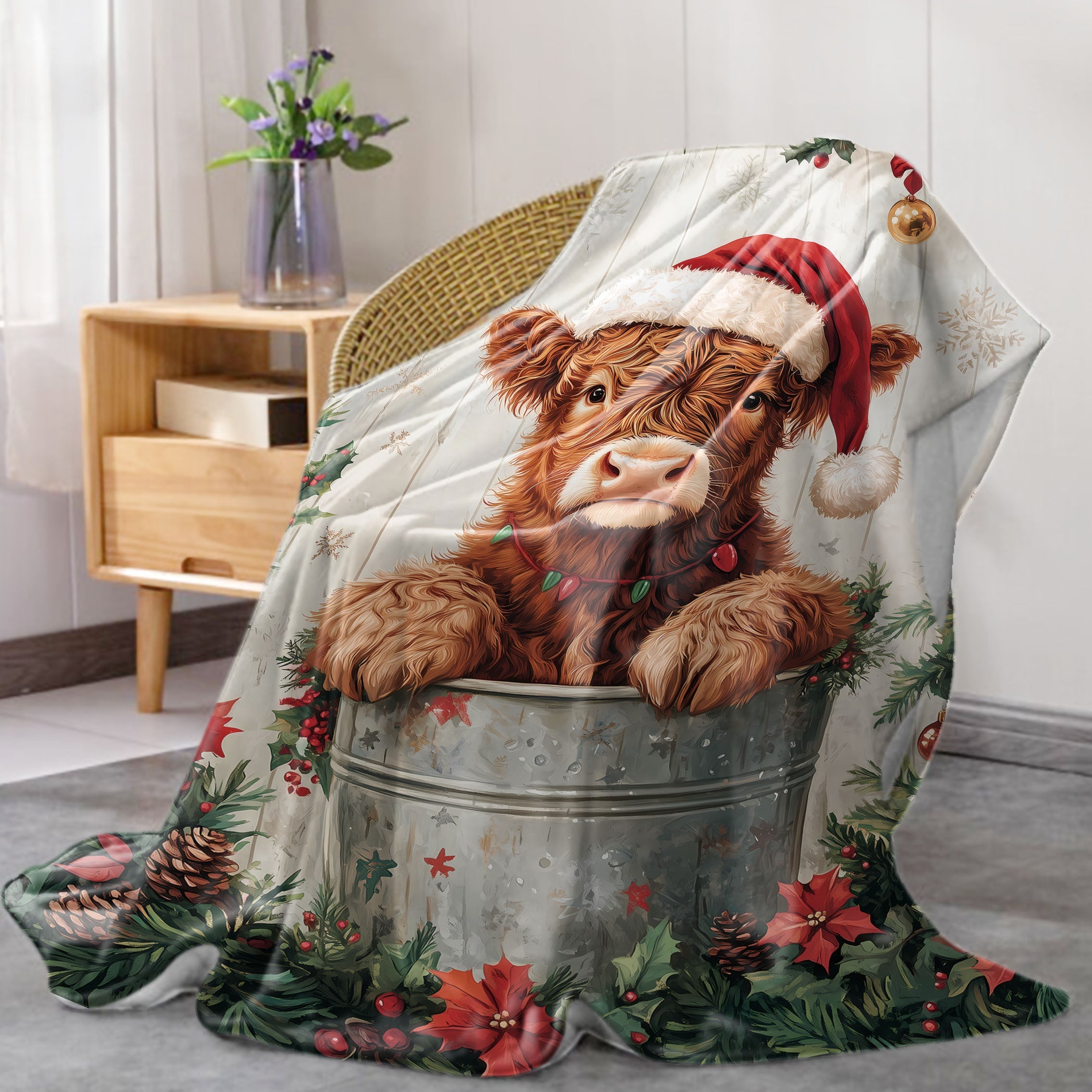 Рождественский узор на ведре для льда с изображением высокогорной коровы, фланелевое одеяло для кровати, дивана, кемпинга