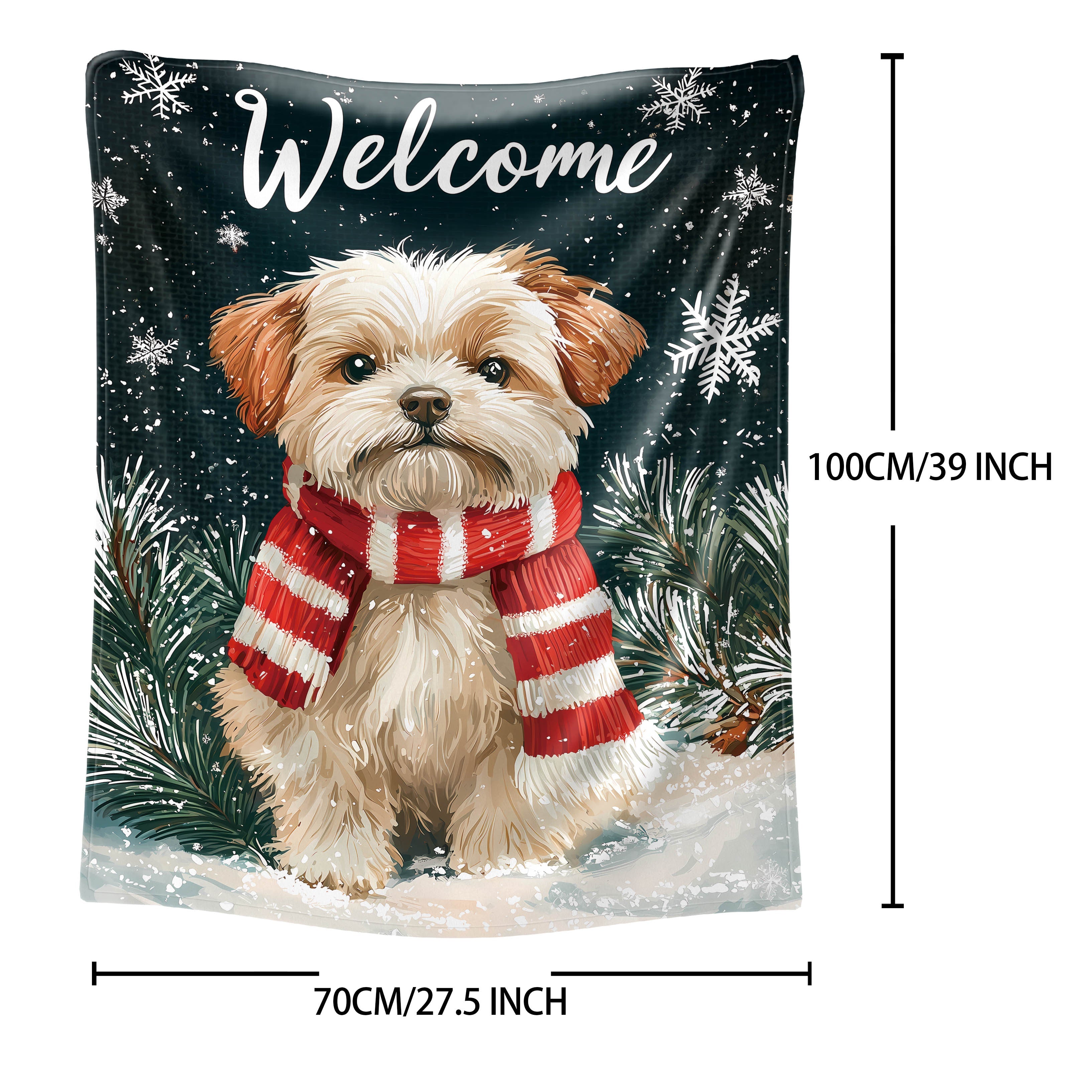 Cozy Christmas Dog Blanket Flannel Throw with Red and White Scarf Print All-Season Polyester