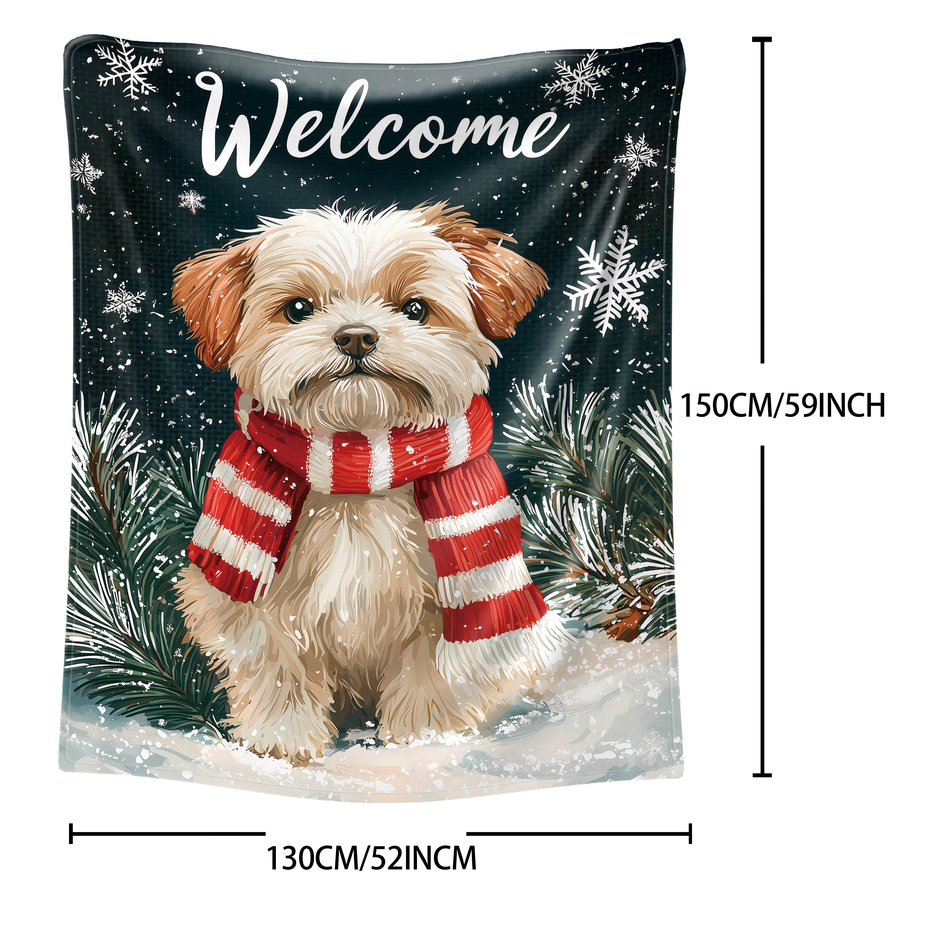 Cozy Christmas Dog Blanket Flannel Throw with Red and White Scarf Print All-Season Polyester