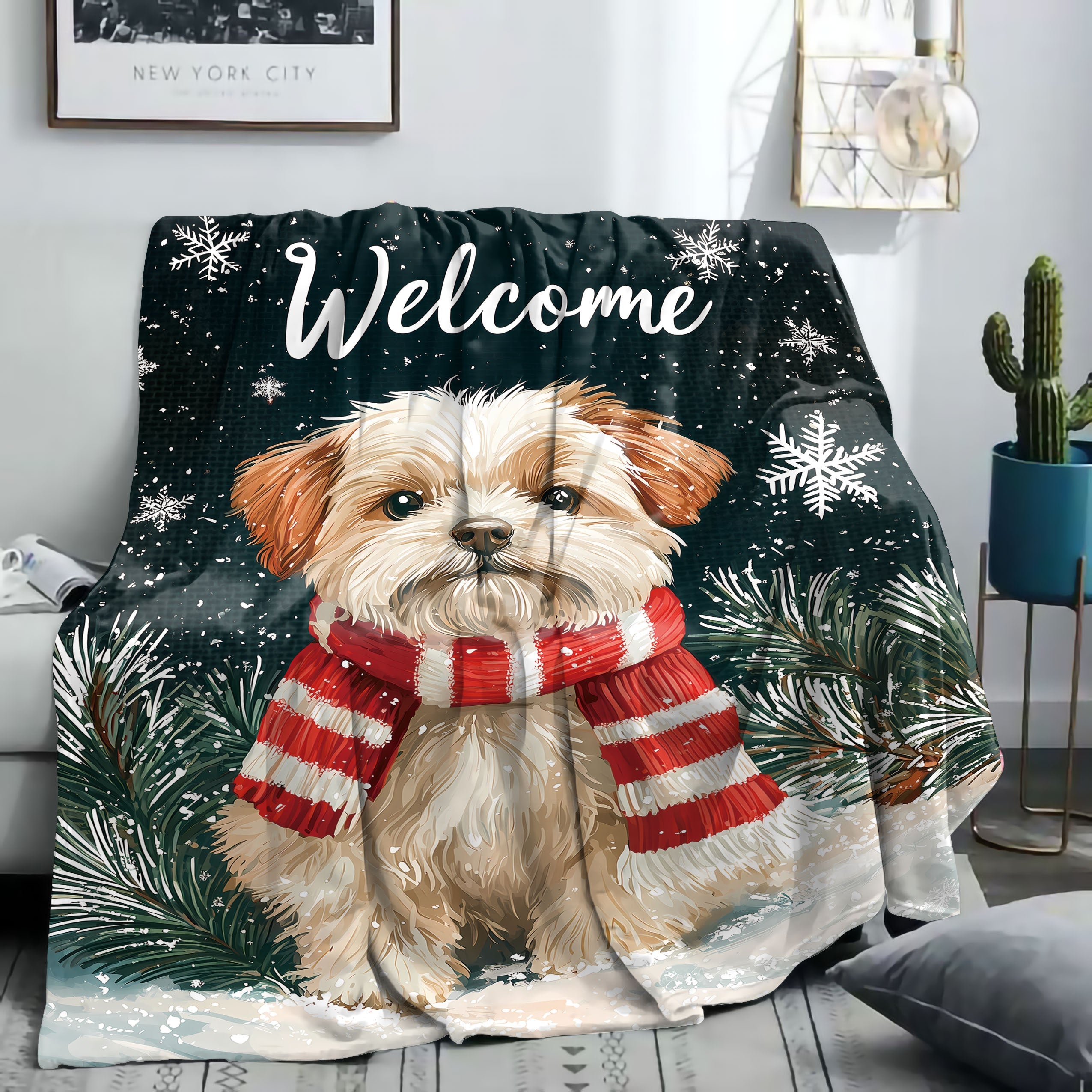 Cozy Christmas Dog Blanket Flannel Throw with Red and White Scarf Print All-Season Polyester
