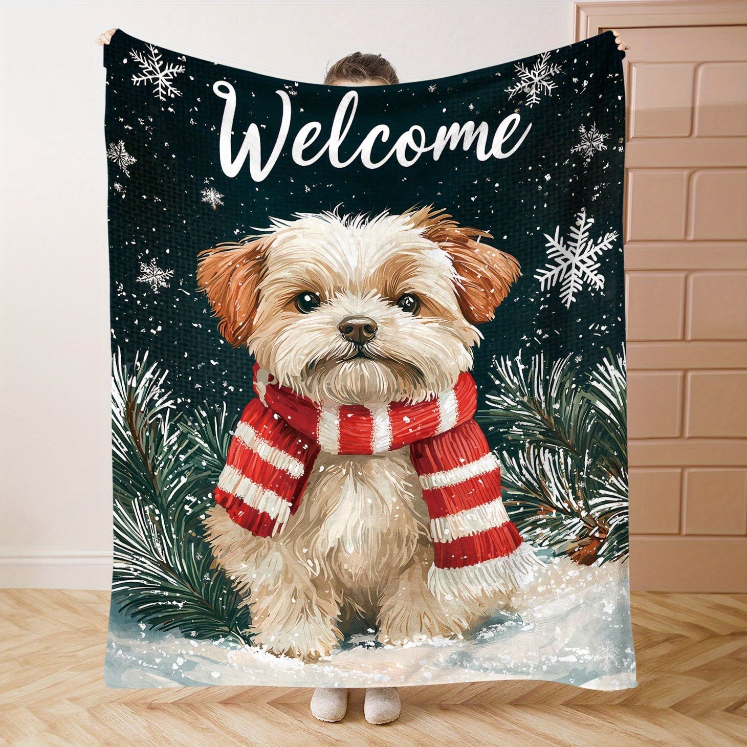 Cozy Christmas Dog Blanket Flannel Throw with Red and White Scarf Print All-Season Polyester