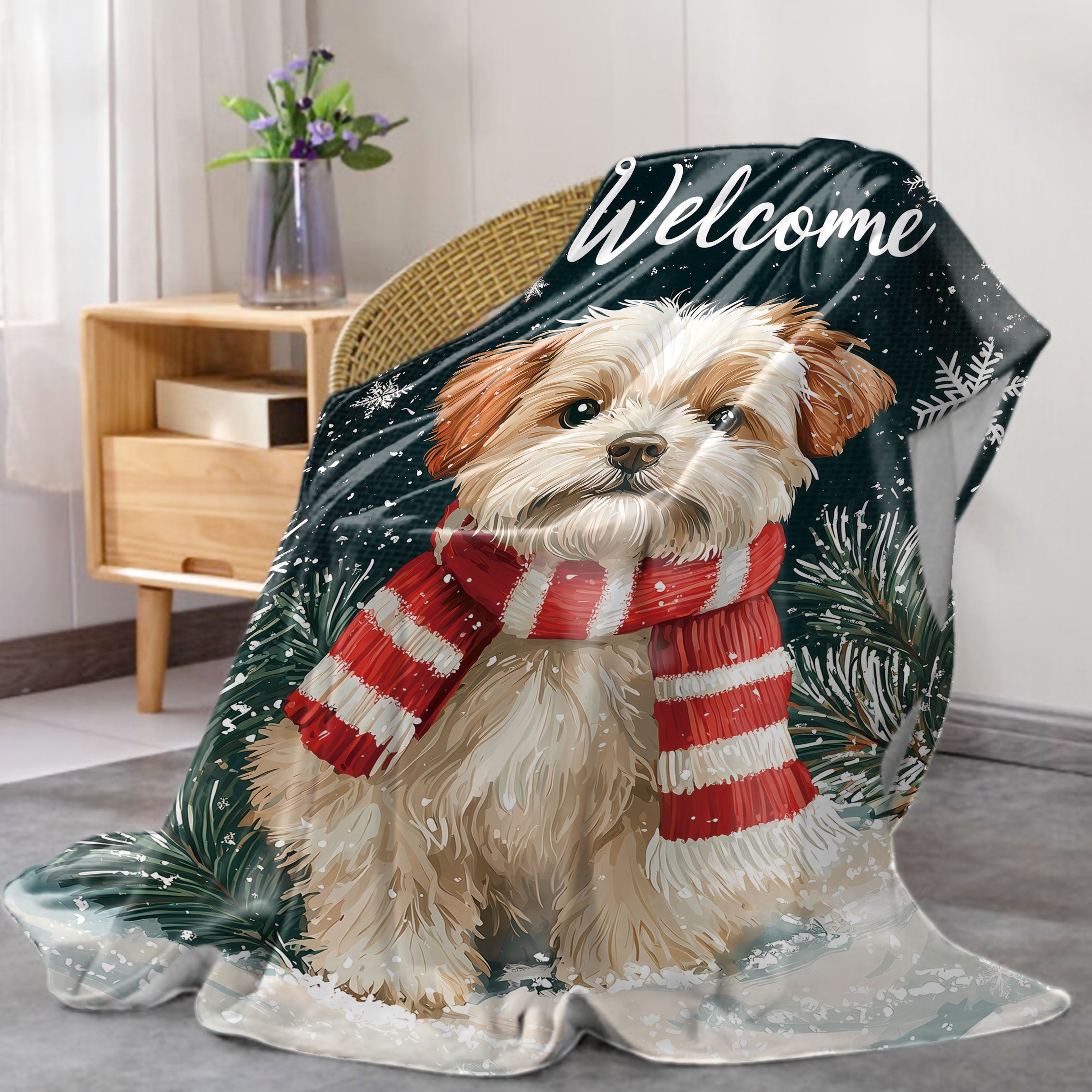 Cozy Christmas Dog Blanket Flannel Throw with Red and White Scarf Print All-Season Polyester