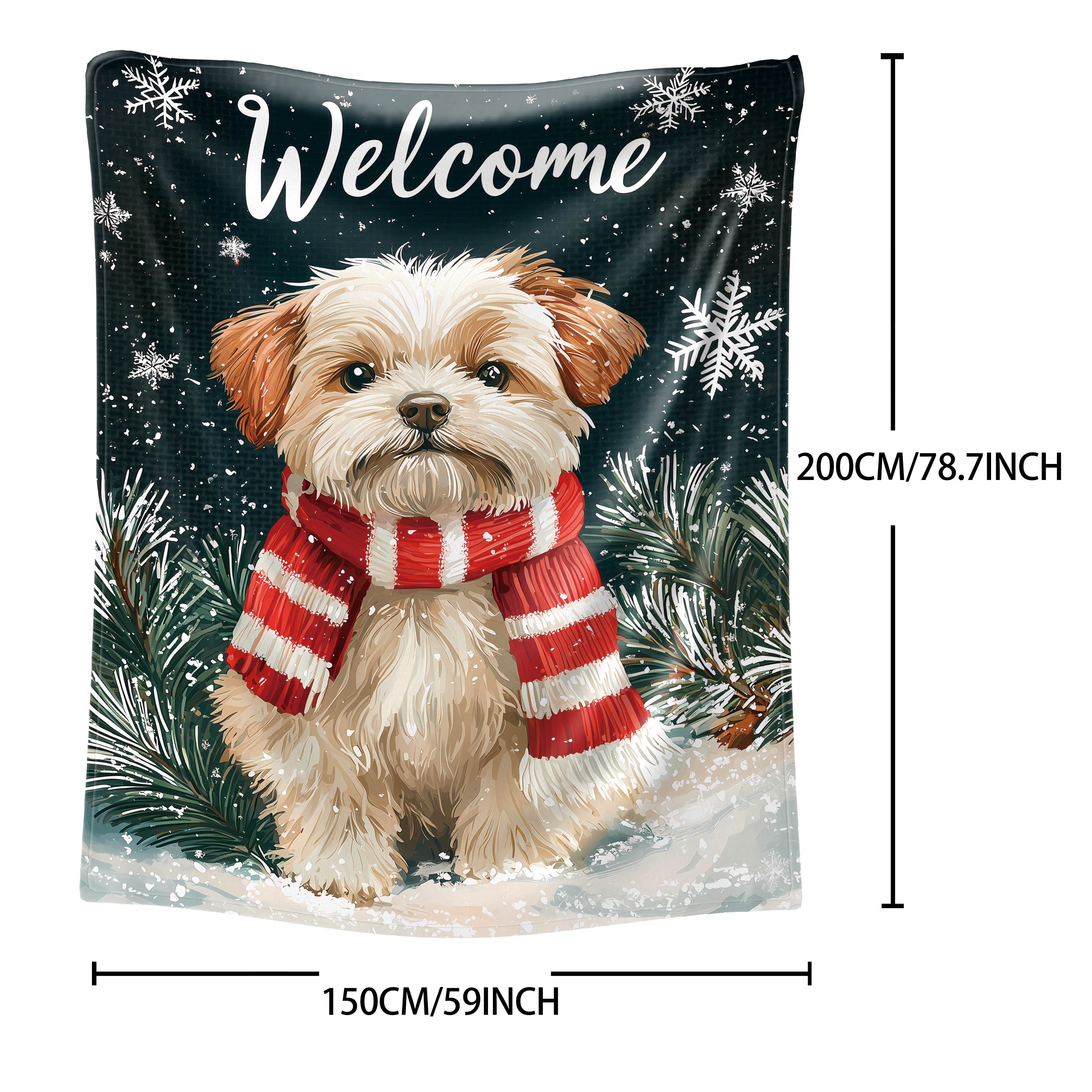 Cozy Christmas Dog Blanket Flannel Throw with Red and White Scarf Print All-Season Polyester