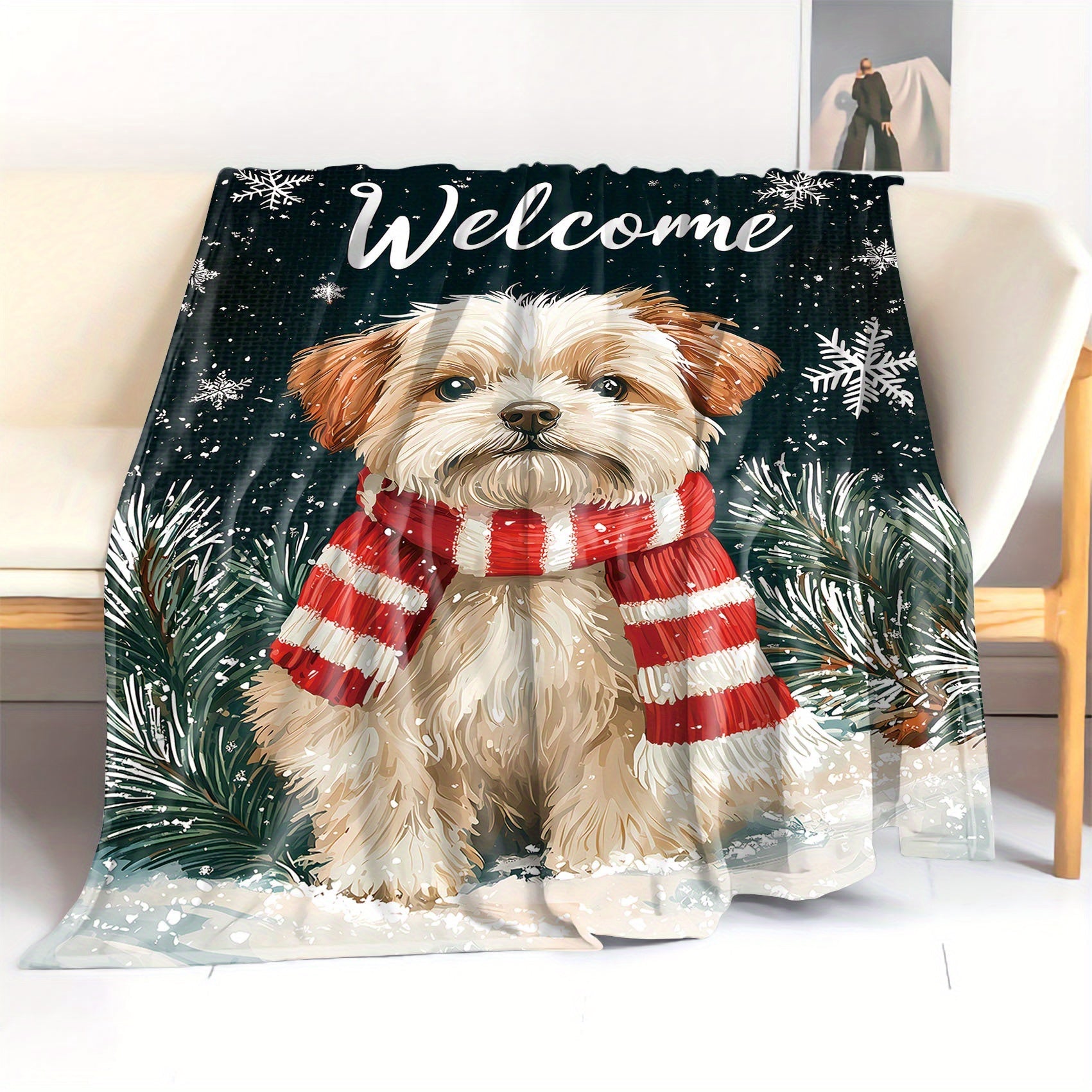 Cozy Christmas Dog Blanket Flannel Throw with Red and White Scarf Print All-Season Polyester
