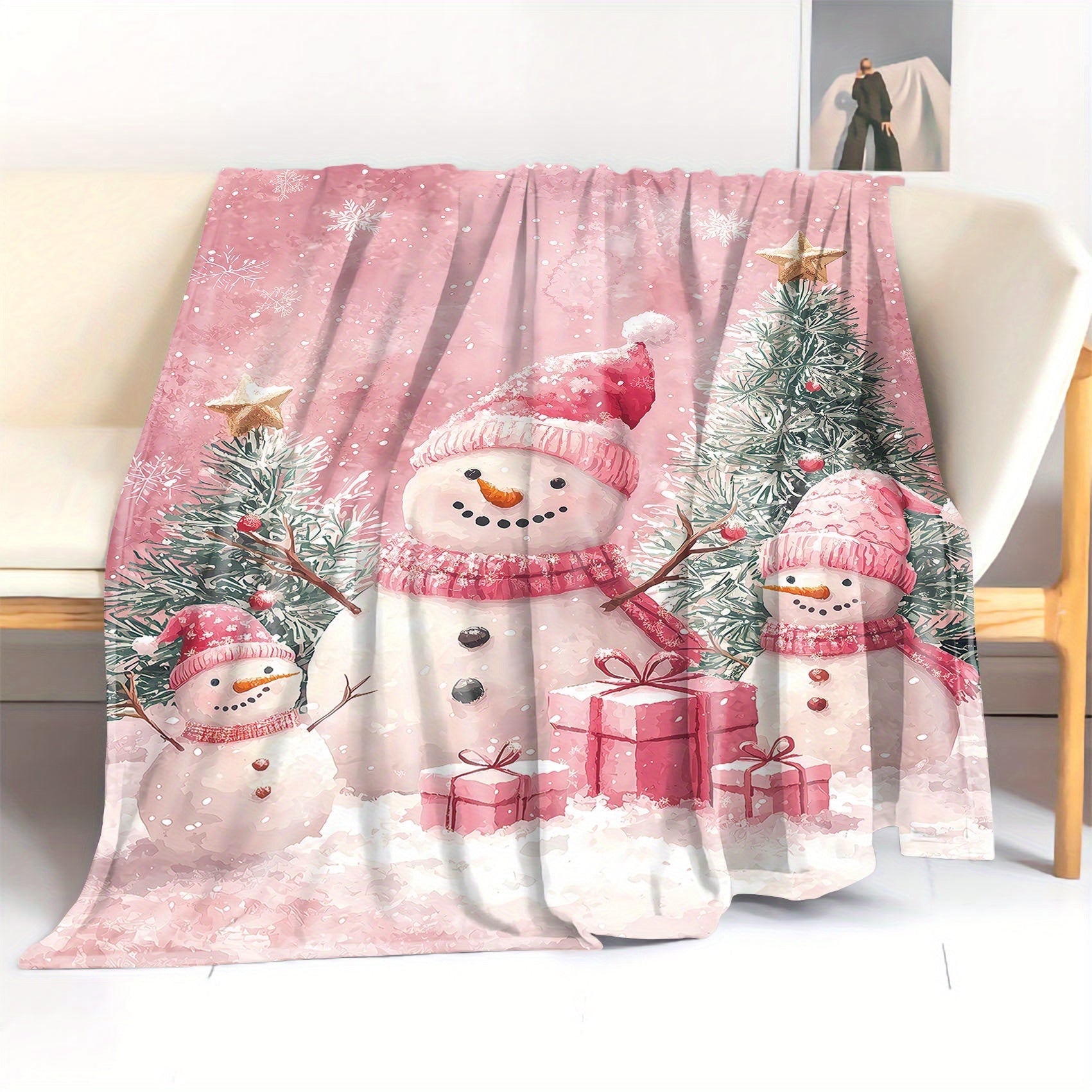 Mid-Century Style Christmas Flannel Throw Blanket Snowmen Presents Trees Soft Polyester Knit All-Season Cozy Lightweight