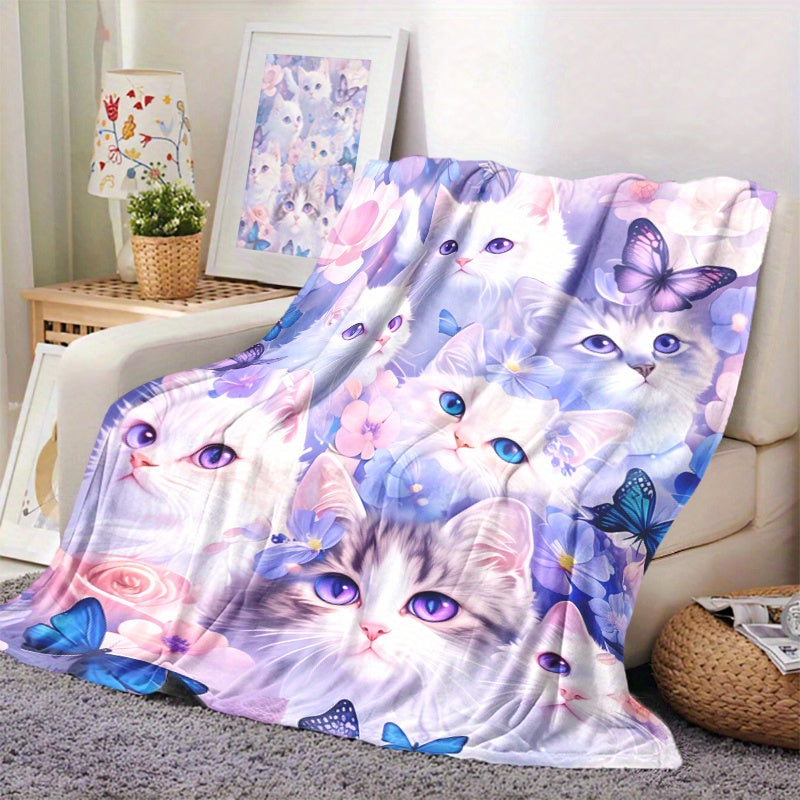 Feline Flannel Fleece Blanket with Cat Flower Butterfly Design Multi-Use Throw for Naptime Camping Travel Office Home