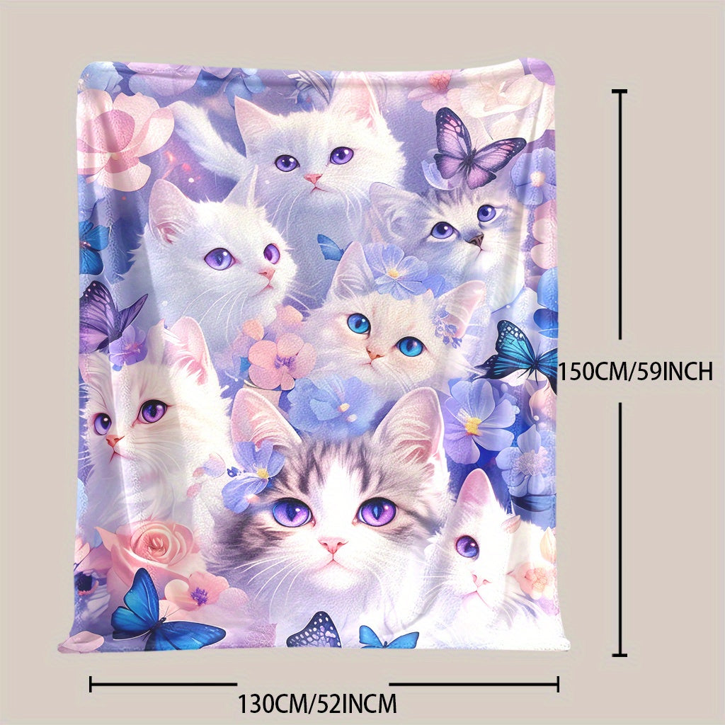 Feline Flannel Fleece Blanket with Cat Flower Butterfly Design Multi-Use Throw for Naptime Camping Travel Office Home