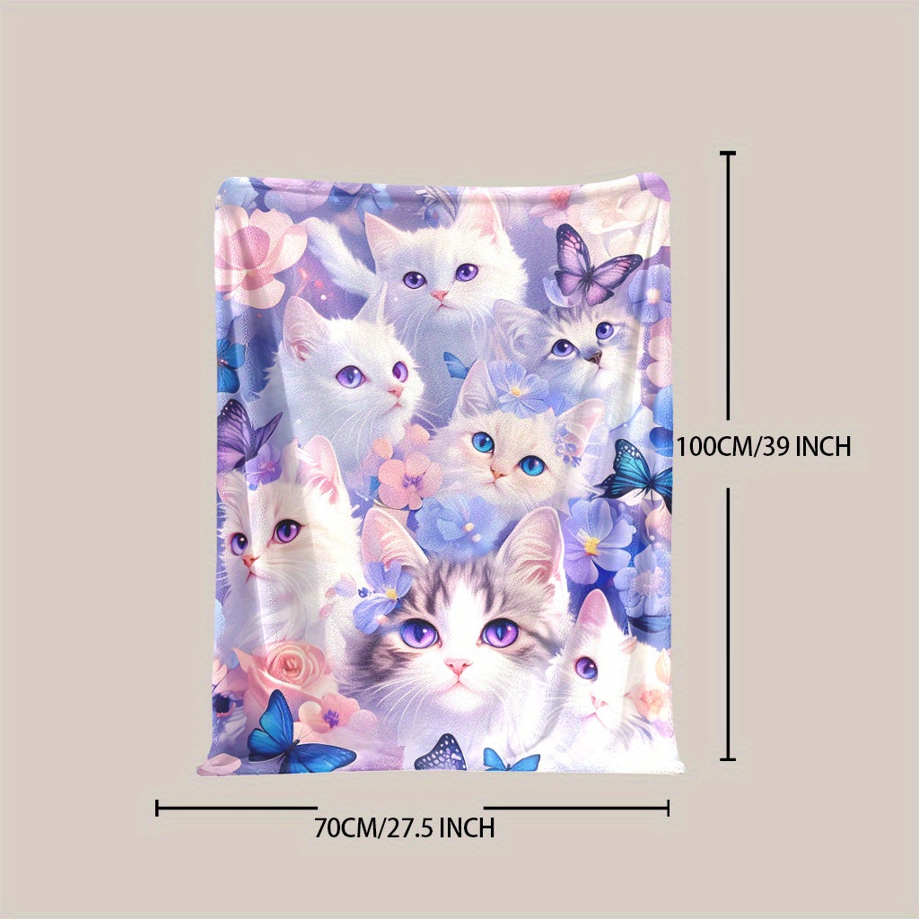 Feline Flannel Fleece Blanket with Cat Flower Butterfly Design Multi-Use Throw for Naptime Camping Travel Office Home