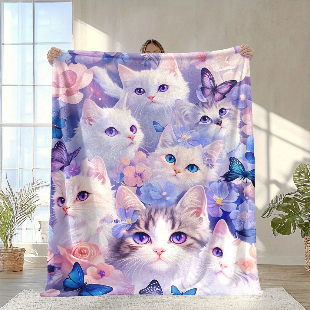 Feline Flannel Fleece Blanket with Cat Flower Butterfly Design Multi-Use Throw for Naptime Camping Travel Office Home