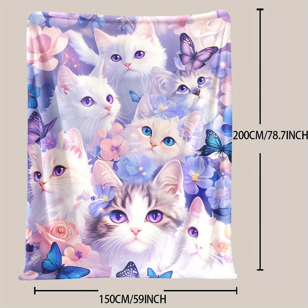 Feline Flannel Fleece Blanket with Cat Flower Butterfly Design Multi-Use Throw for Naptime Camping Travel Office Home
