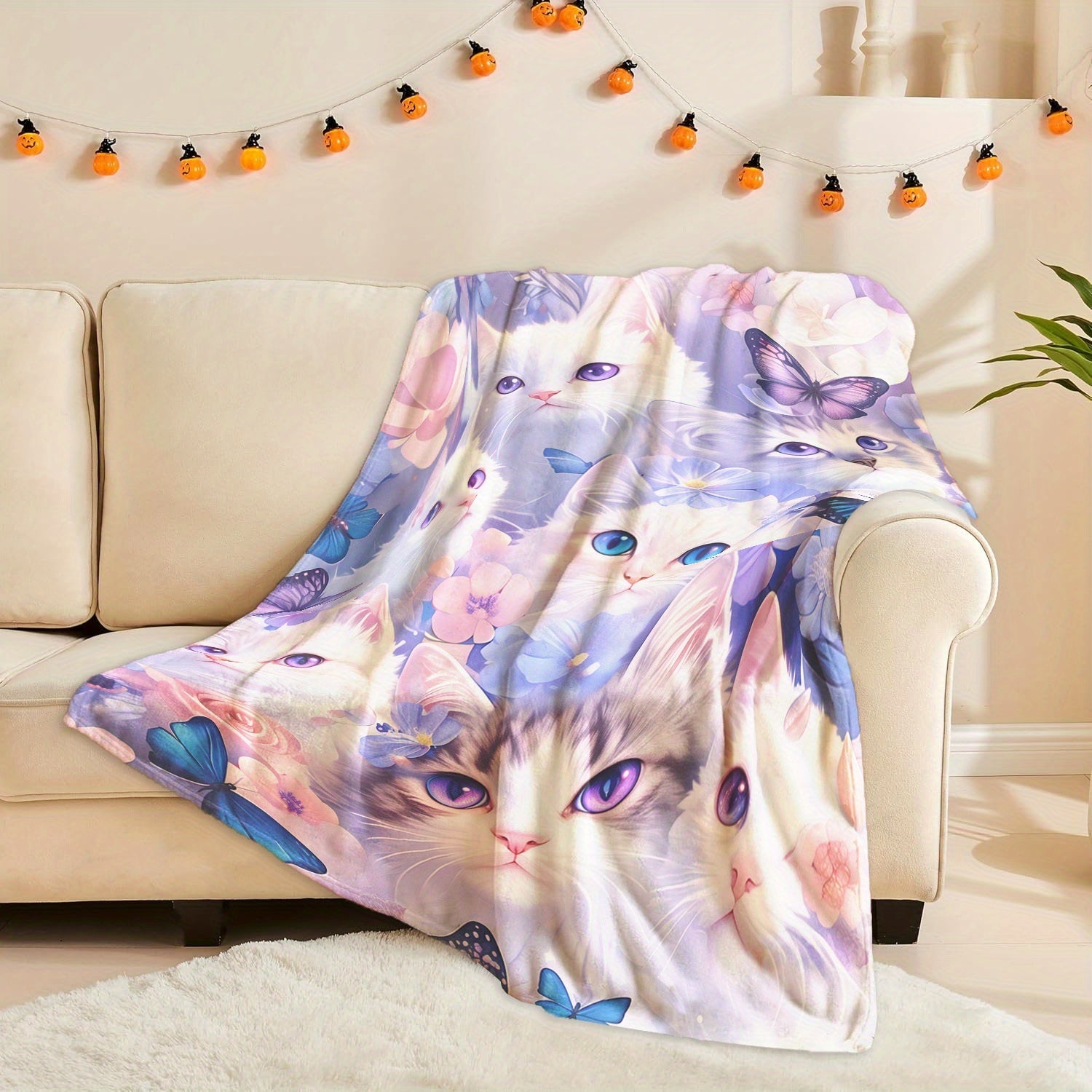 Feline Flannel Fleece Blanket with Cat Flower Butterfly Design Multi-Use Throw for Naptime Camping Travel Office Home