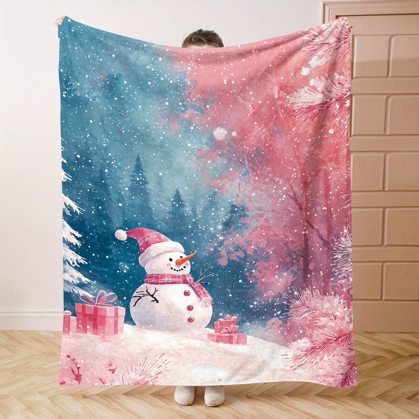 Christmas Throw Blanket with Snowmen Presents and Trees Soft Polyester Flannel for Bed Sofa and Home
