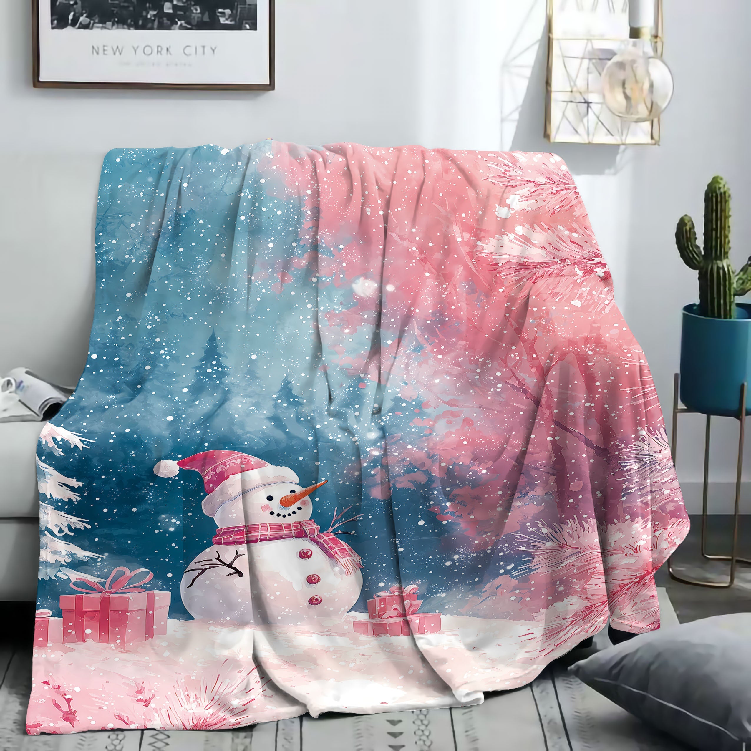 Christmas Throw Blanket with Snowmen Presents and Trees Soft Polyester Flannel for Bed Sofa and Home
