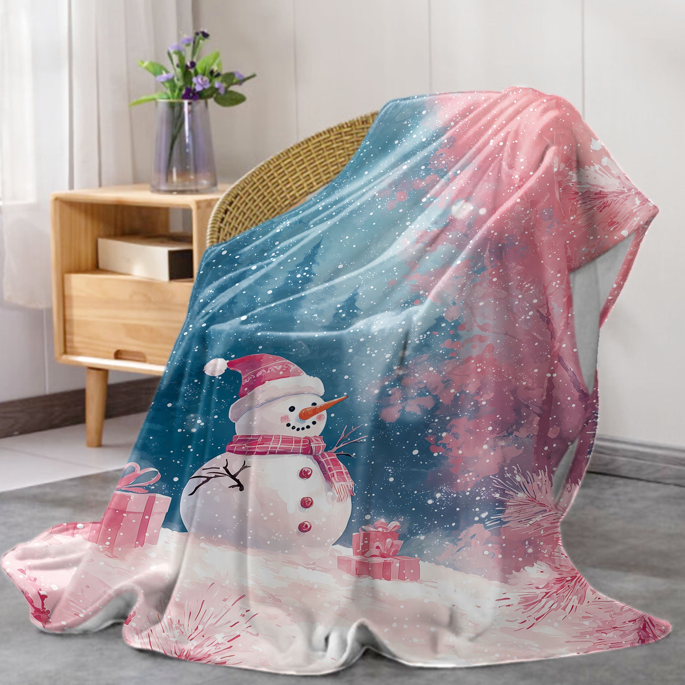 Christmas Throw Blanket with Snowmen Presents and Trees Soft Polyester Flannel for Bed Sofa and Home