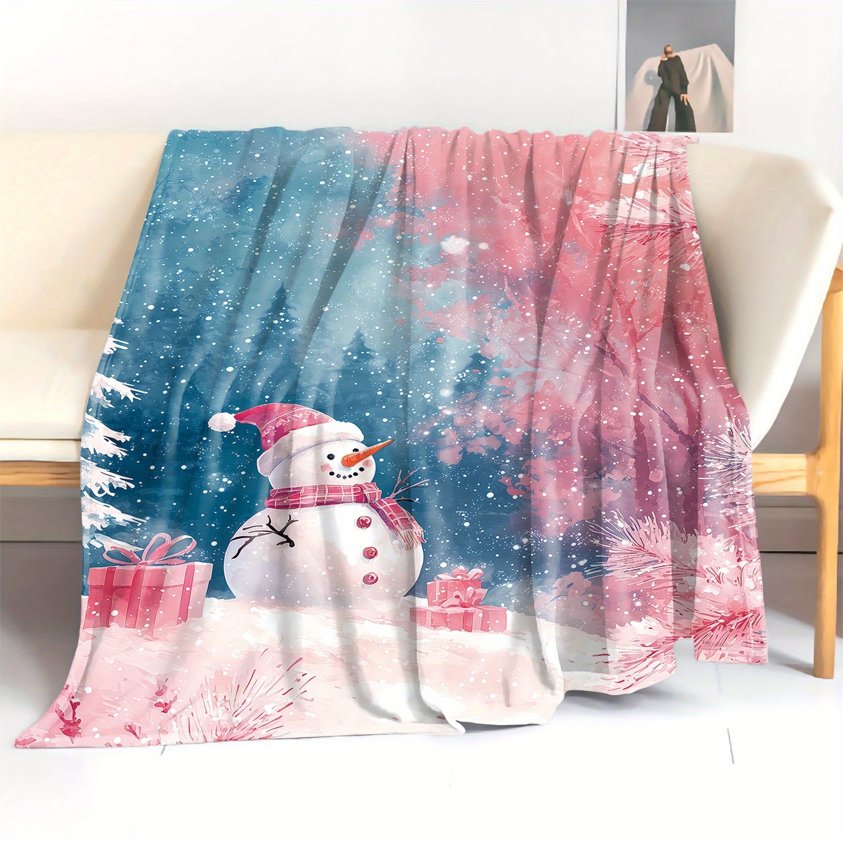 Christmas Throw Blanket with Snowmen Presents and Trees Soft Polyester Flannel for Bed Sofa and Home