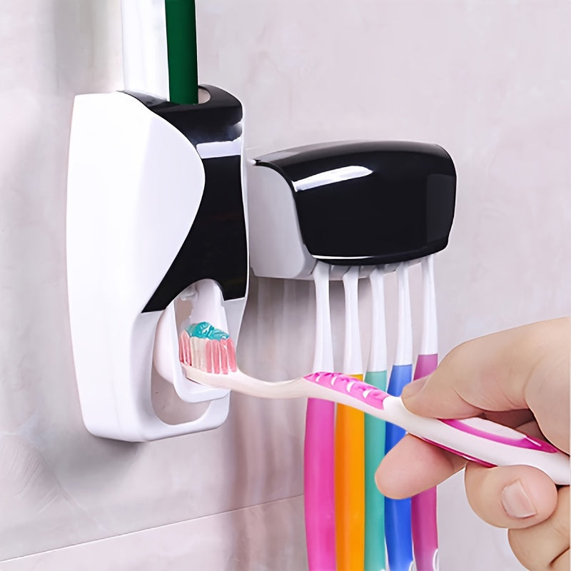 Wall-Mounted Toothpaste Dispenser and Toothbrush Holder Set White Black Plastic Bathroom Organizer