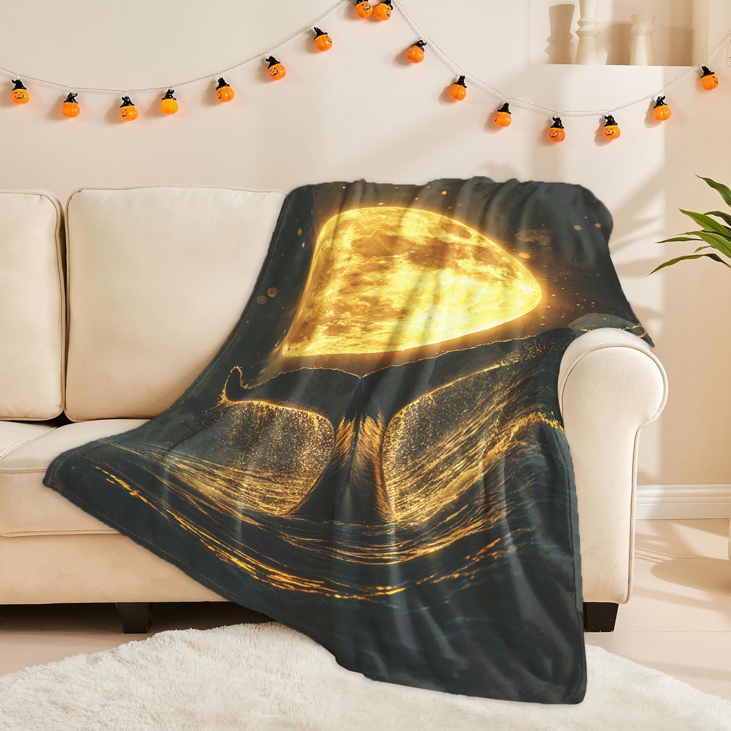Flannel Digital Print Whale Tail Moon Throw Blanket Polyester All-Purpose Comfort