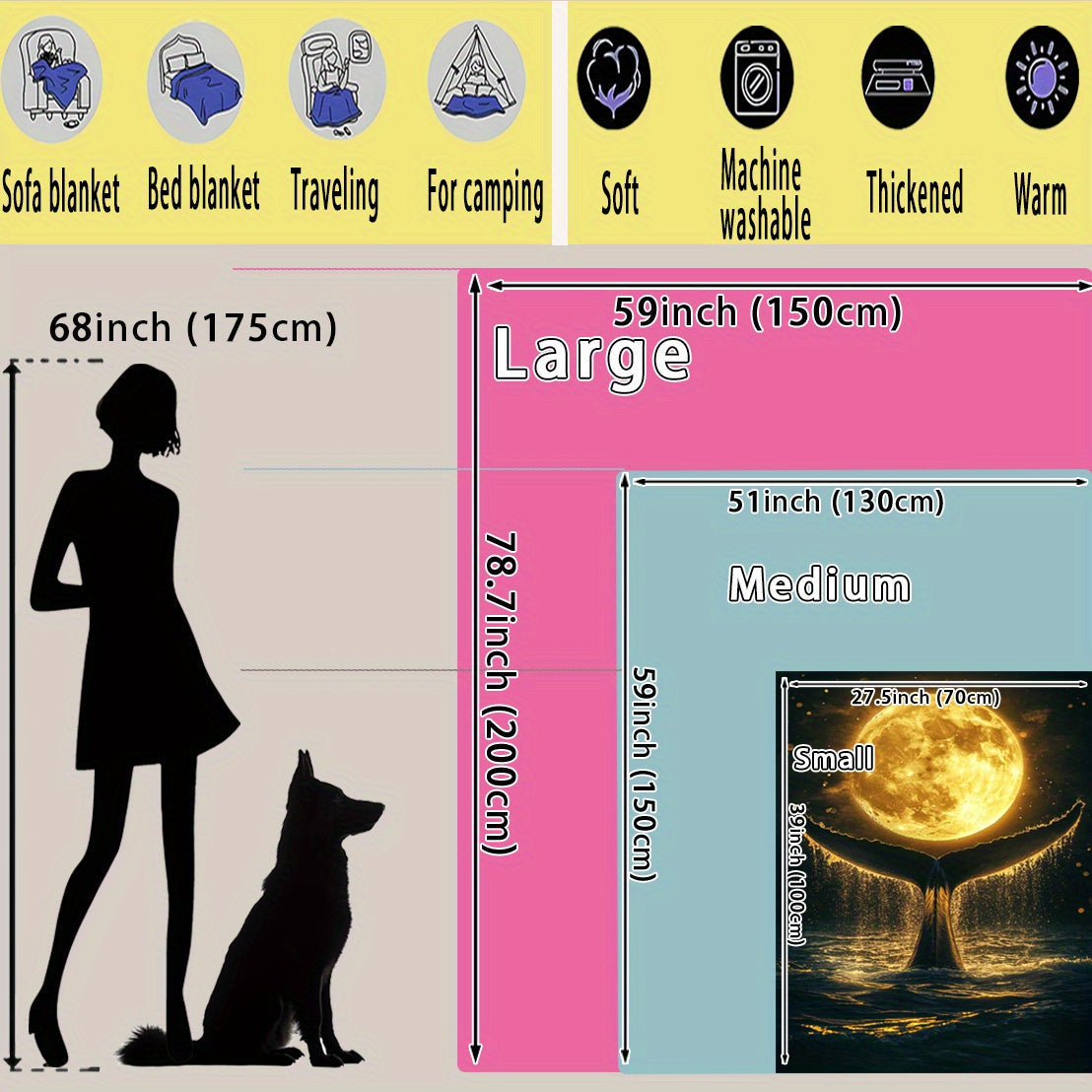 Flannel Digital Print Whale Tail Moon Throw Blanket Polyester All-Purpose Comfort