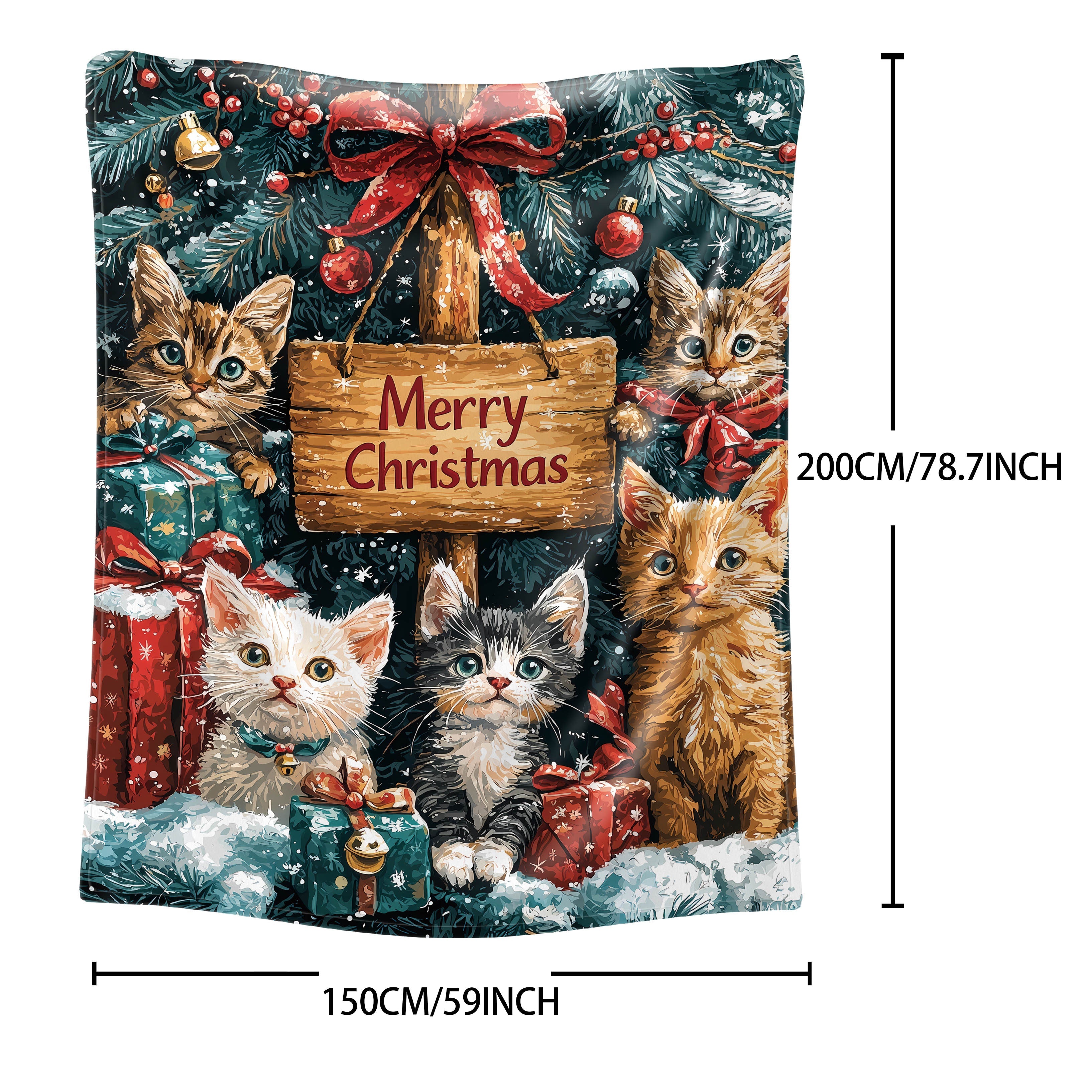 Christmas Cats Flannel Blanket 200-250G Polyester Soft Knit Throw for Bed Sofa Camping