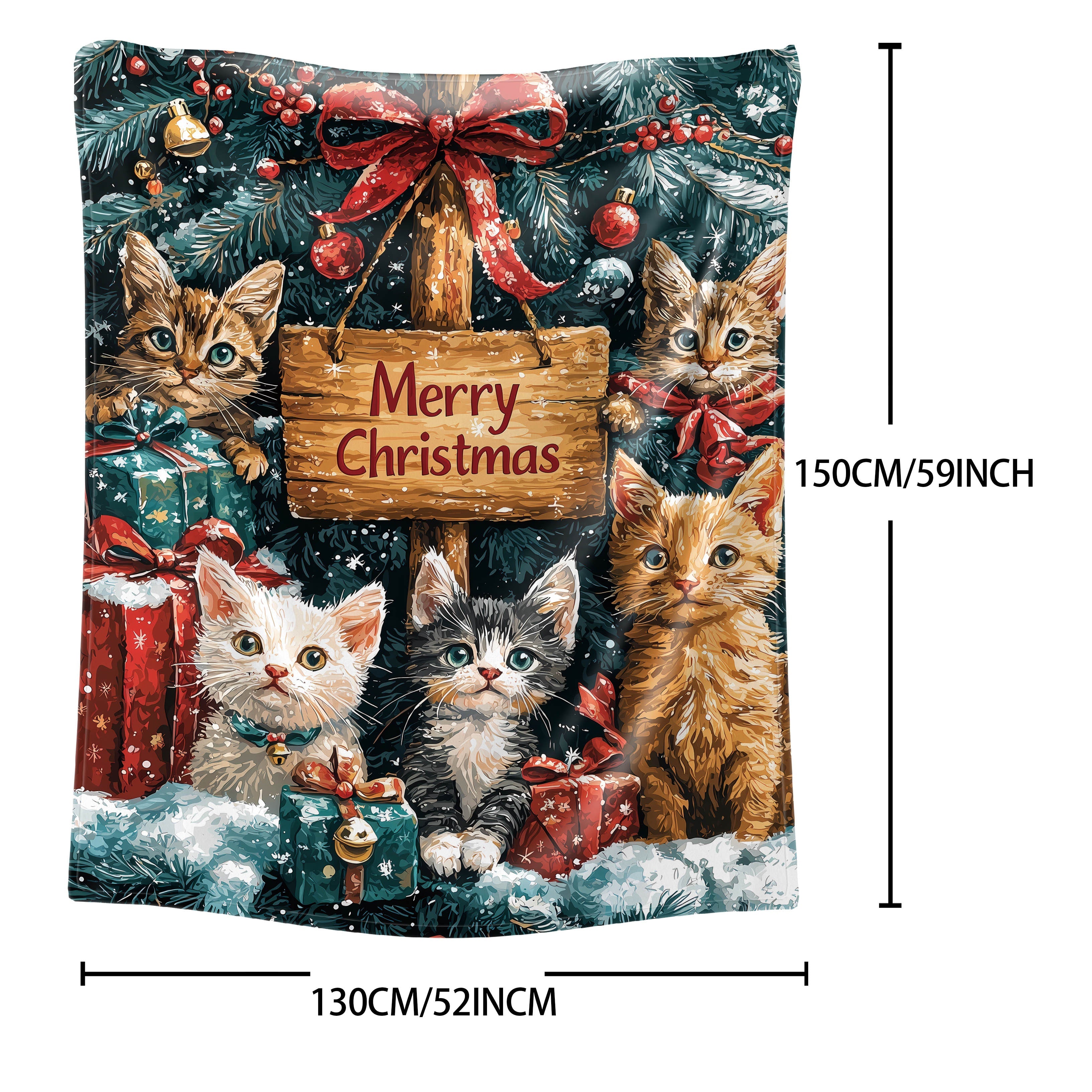 Christmas Cats Flannel Blanket 200-250G Polyester Soft Knit Throw for Bed Sofa Camping